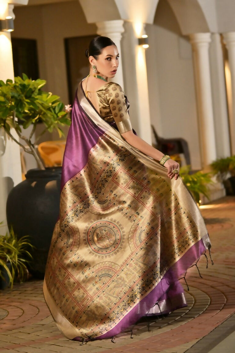 Vishnu Weaves Women's Wine Soft Tussar Silk Printed Saree with Blouse - Swadesiicart