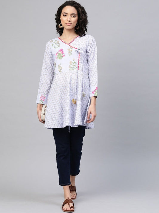 Ahalyaa Women Blue Crepe Pink & Gold Ethnic Print Angrakha Tunic | Swadesiicart