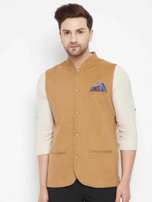 Even Apparels Brown Polyester Men's Nehru Jacket-Contrast Lining-Inbuilt Pocket Square | Swadesiicart