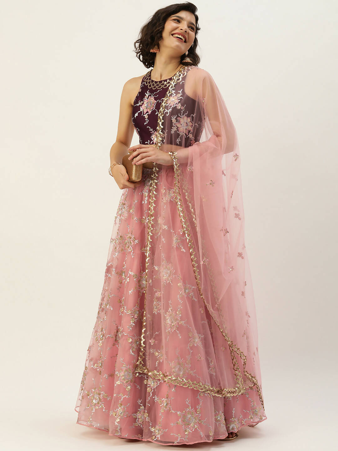 House of Panchhi Pink Net Sequins Embroideried Lehenga | Swadesiicart