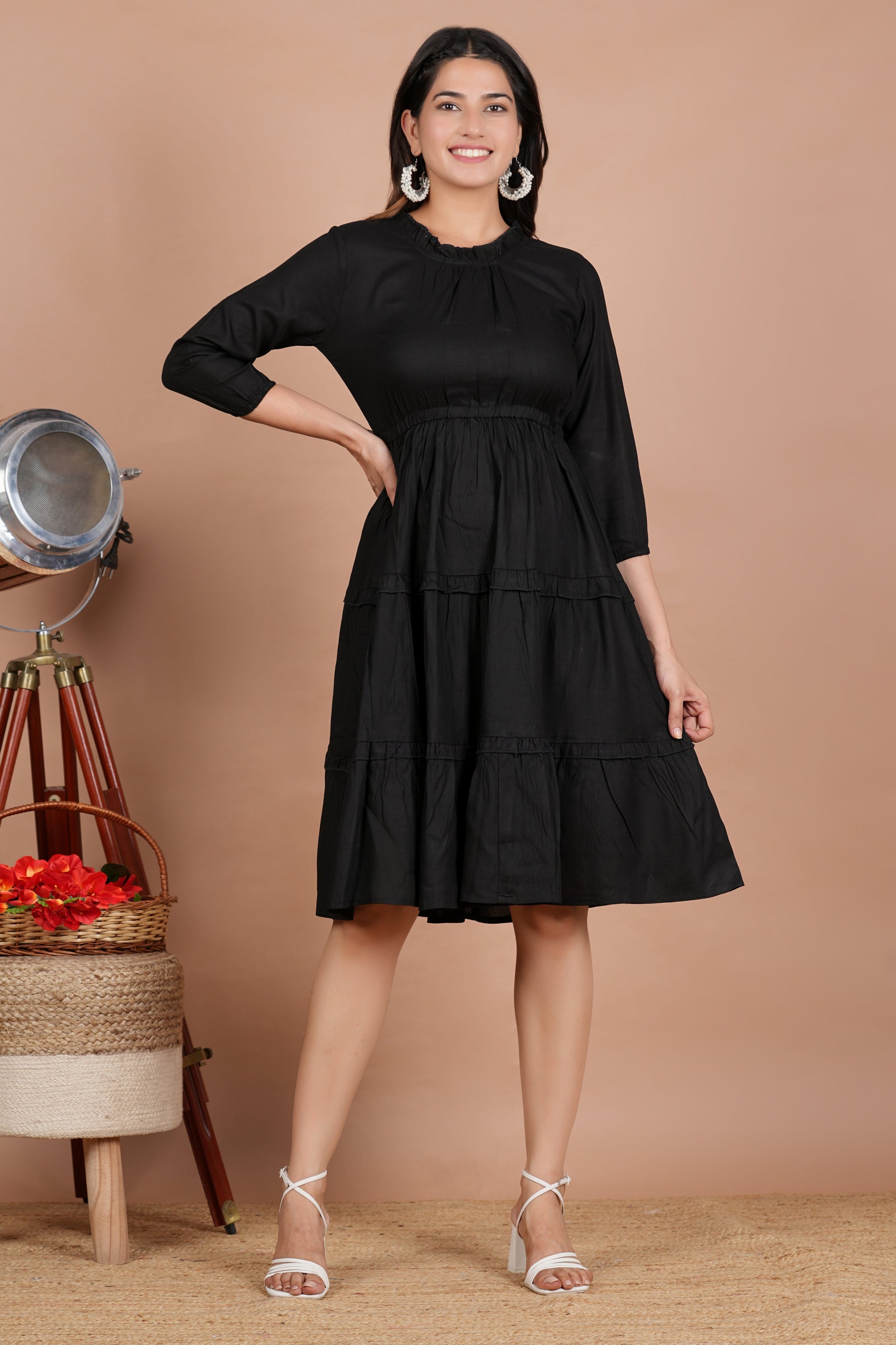 House of RP Women's Black Cotton Solid Tiered Dress - Swadesiicart