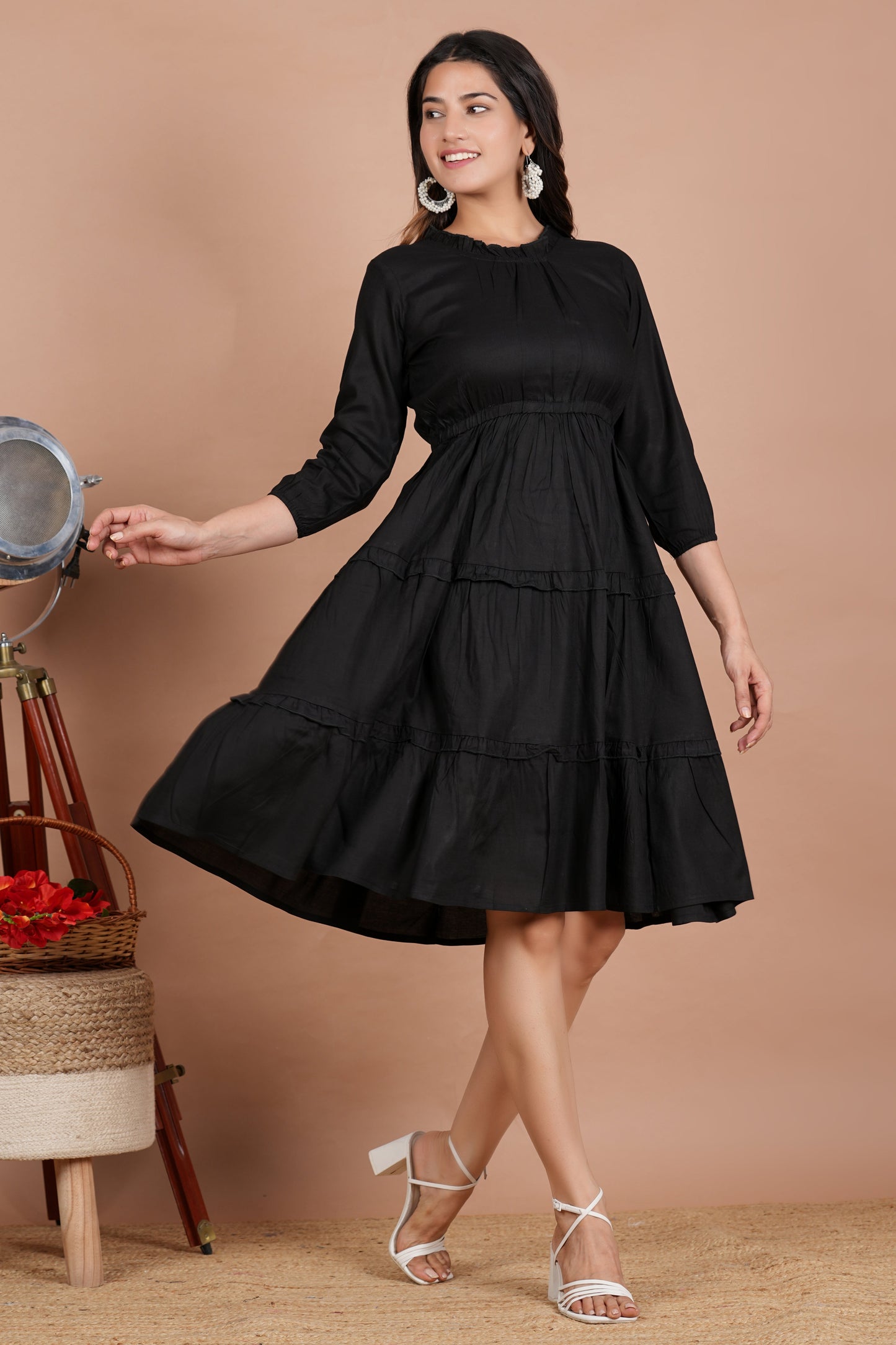 House of RP Women's Black Cotton Solid Tiered Dress - Swadesiicart