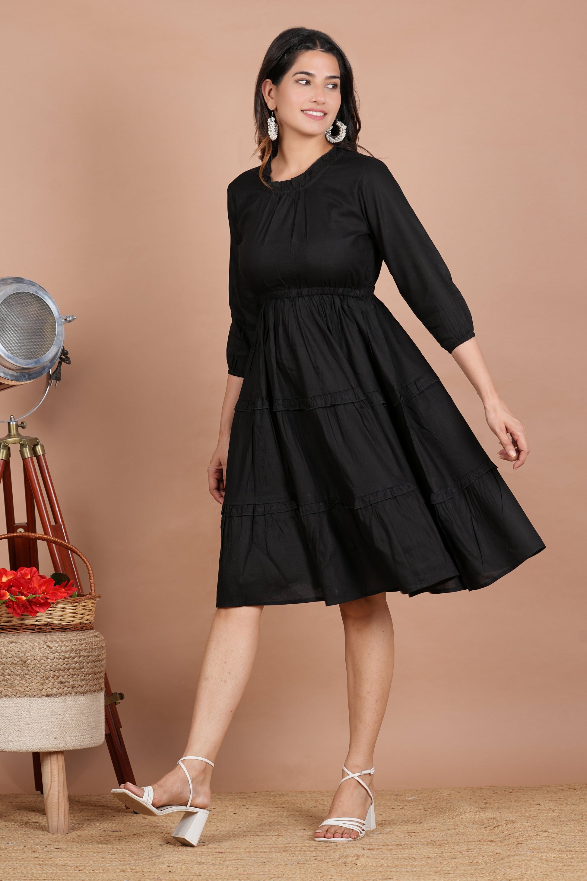 House of RP Women's Black Cotton Solid Tiered Dress - Swadesiicart