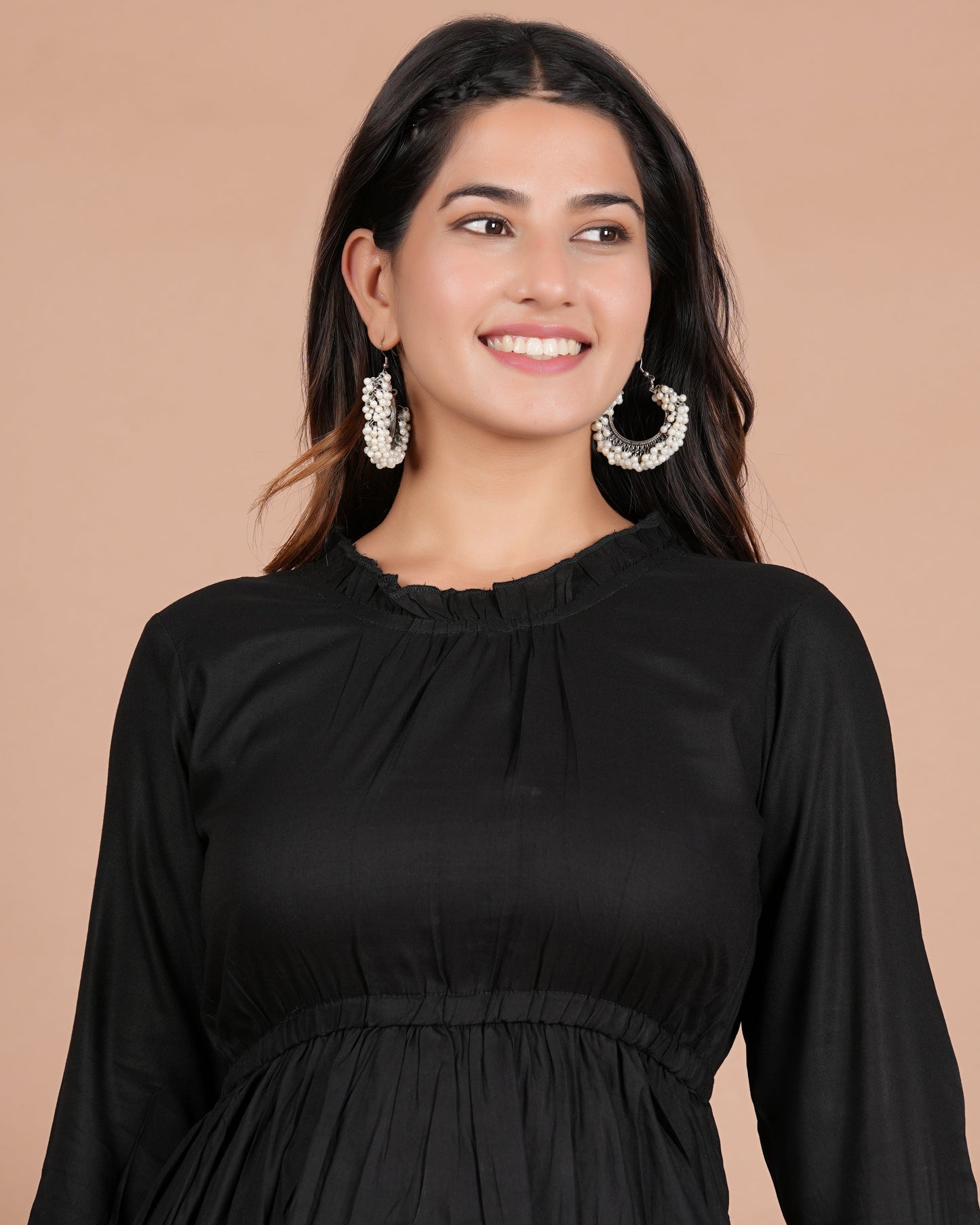 House of RP Women's Black Cotton Solid Tiered Dress - Swadesiicart