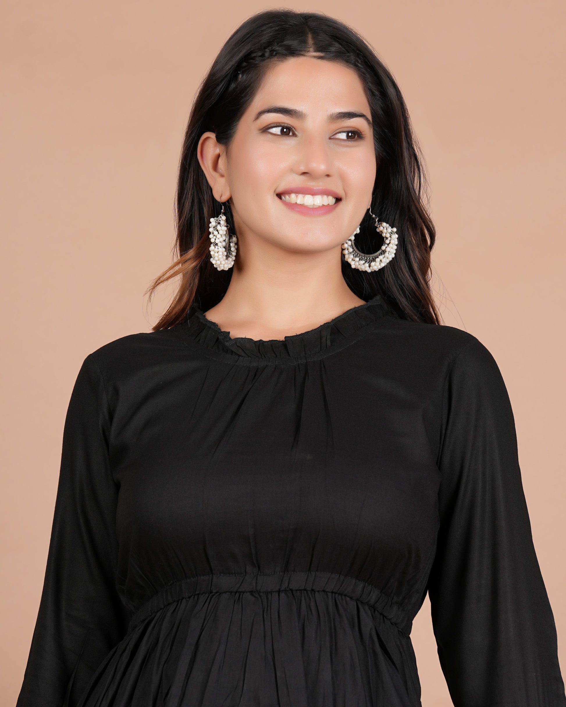 House of RP Women's Black Cotton Solid Tiered Dress - Swadesiicart