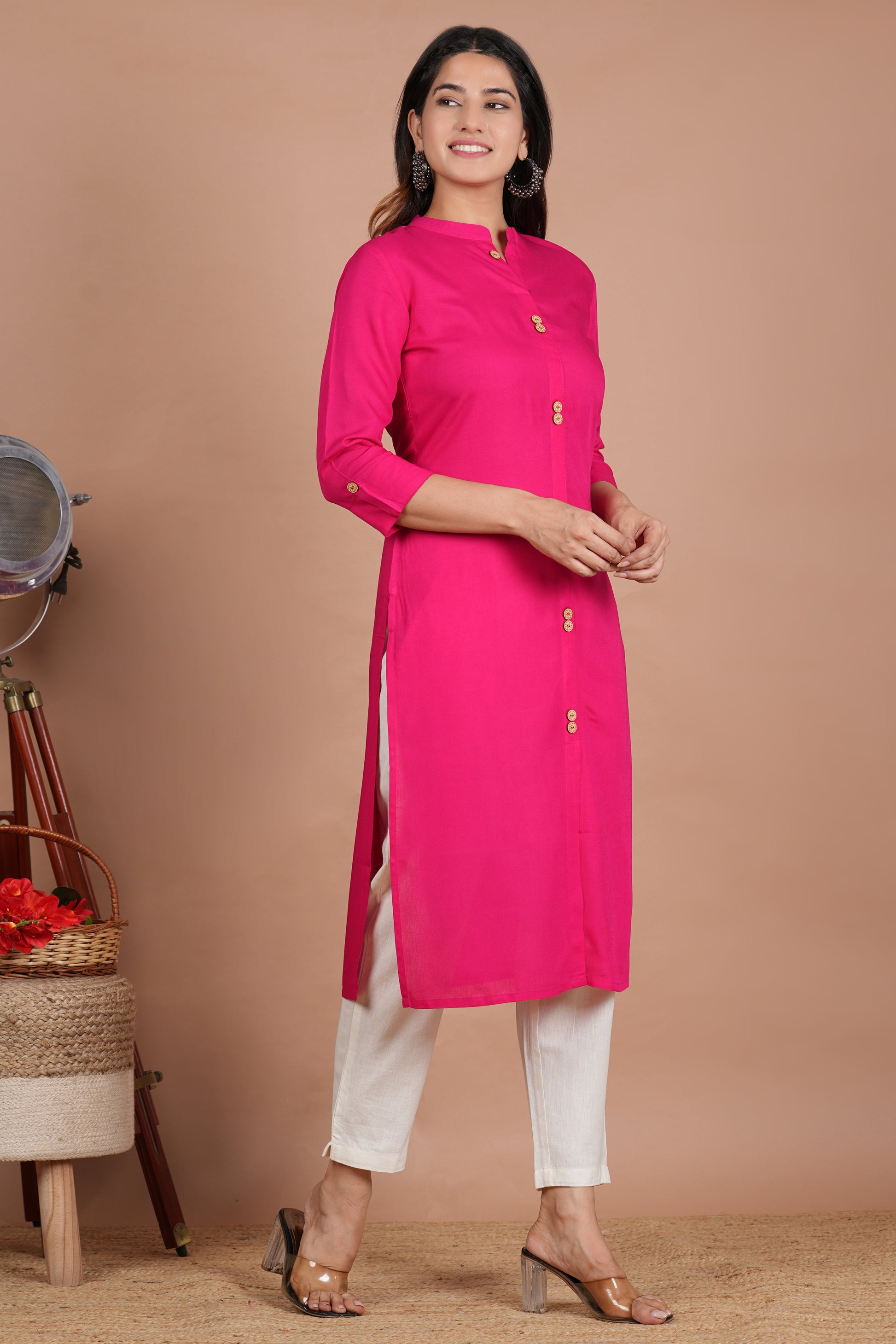 House of RP Women's Pink Rayon Solid Frontslit Kurta | Swadesiicart