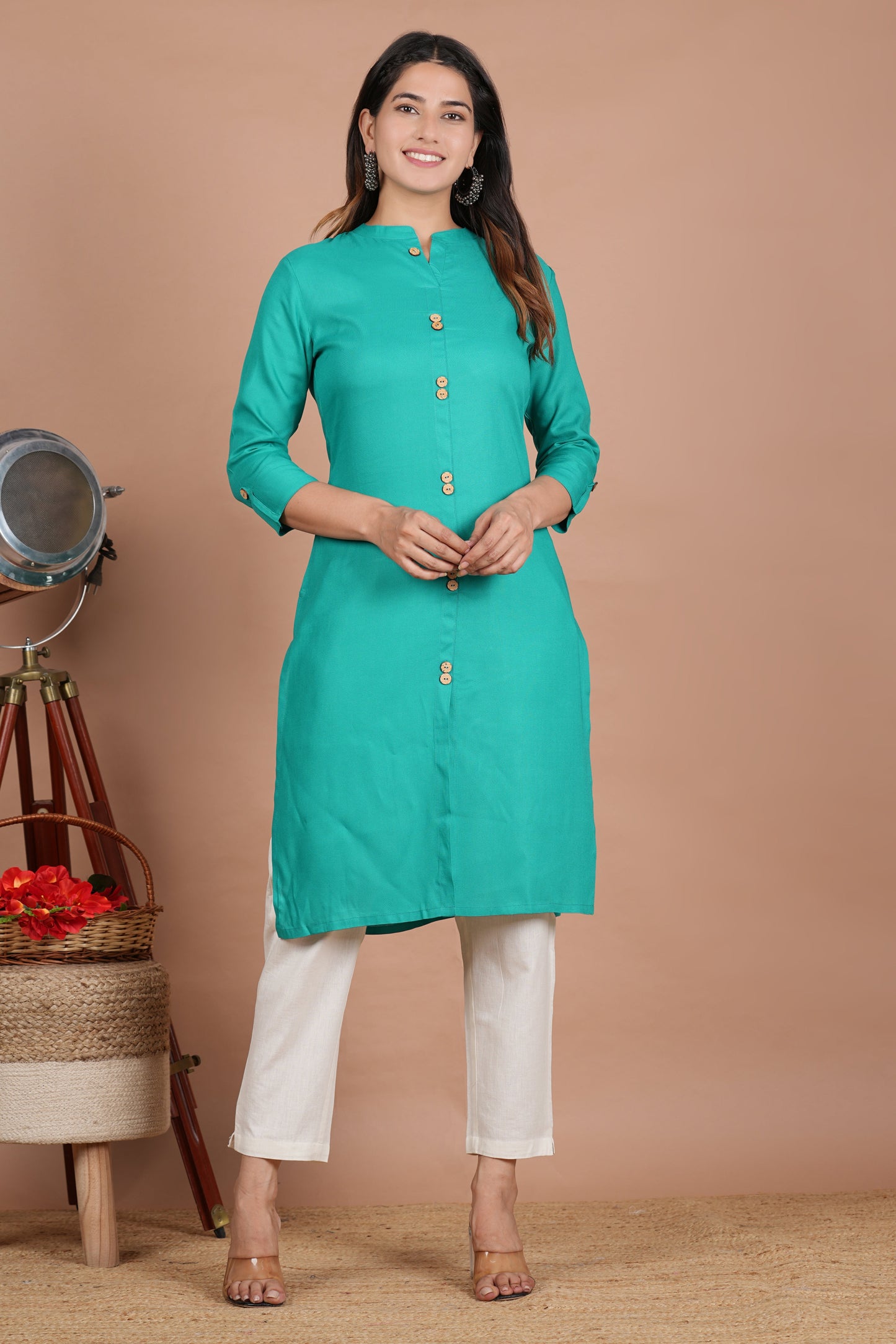 House of RP Women's Trquoise Rayon Solid Frontslit Kurta | Swadesiicart