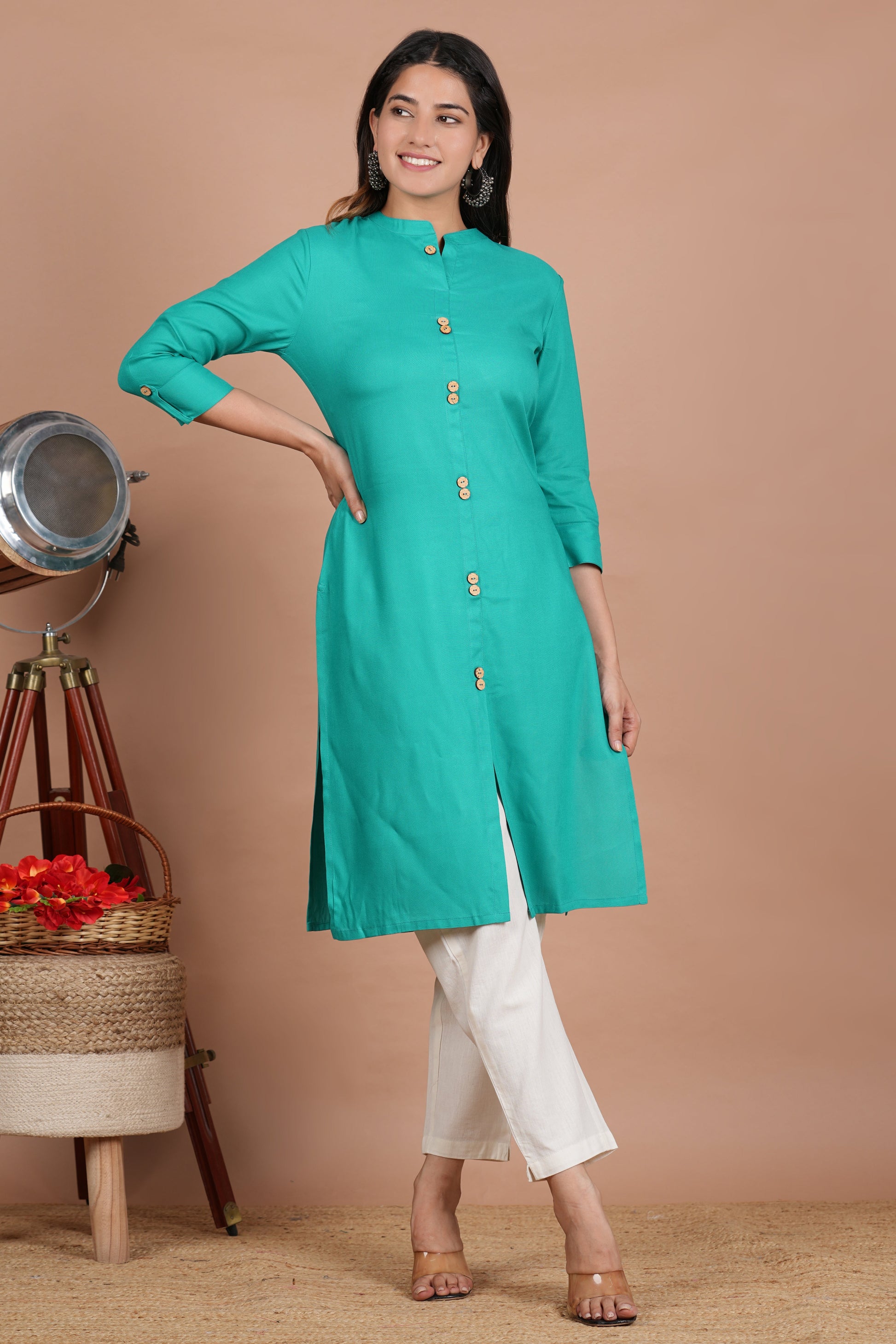 House of RP Women's Trquoise Rayon Solid Frontslit Kurta | Swadesiicart