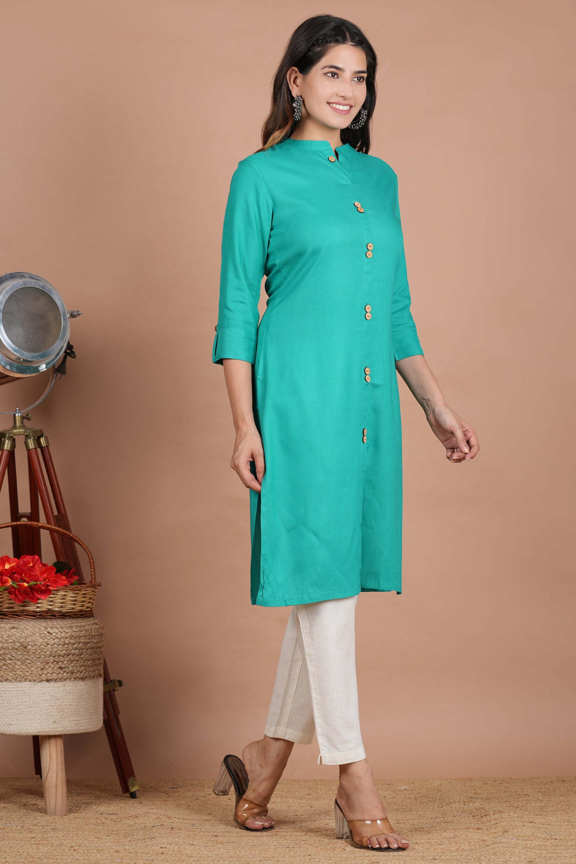 House of RP Women's Trquoise Rayon Solid Frontslit Kurta | Swadesiicart