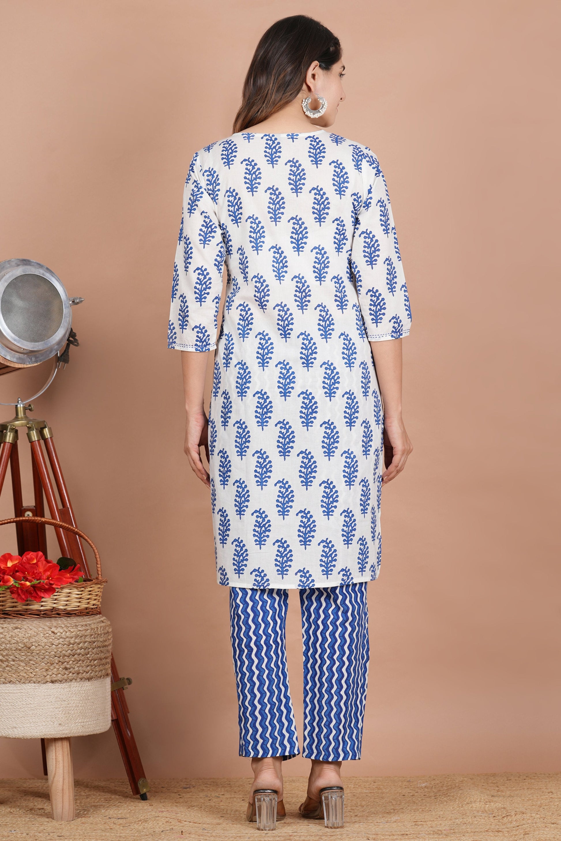 House of RP Women's White & Aqua Blue Cotton Kurta, Pant & Dupatta Set | Swadesiicart