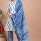 House of RP Women's White & Aqua Blue Cotton Kurta, Pant & Dupatta Set | Swadesiicart
