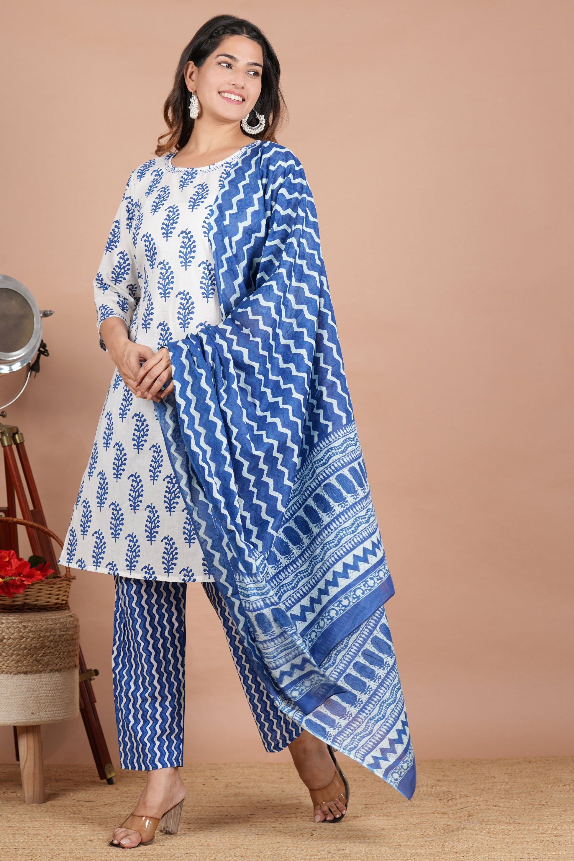 House of RP Women's White & Aqua Blue Cotton Kurta, Pant & Dupatta Set | Swadesiicart