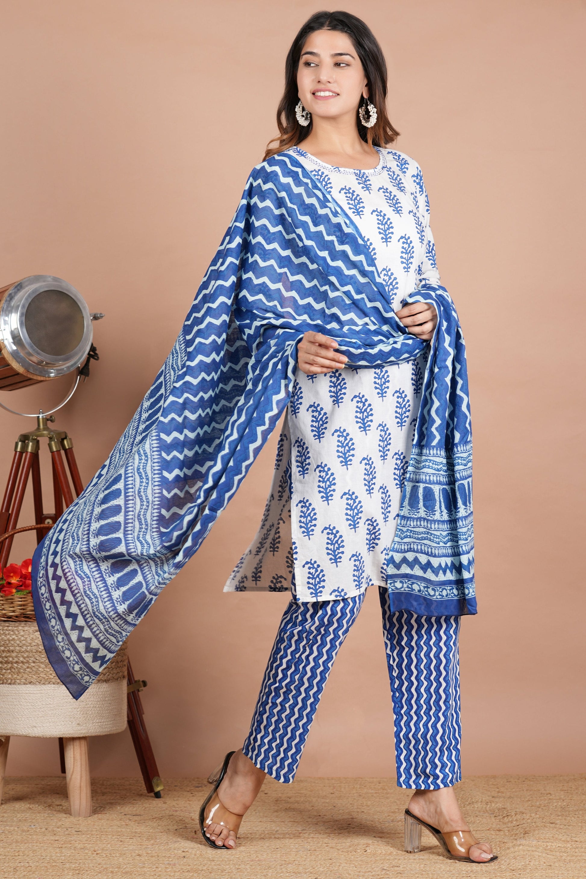House of RP Women's White & Aqua Blue Cotton Kurta, Pant & Dupatta Set | Swadesiicart