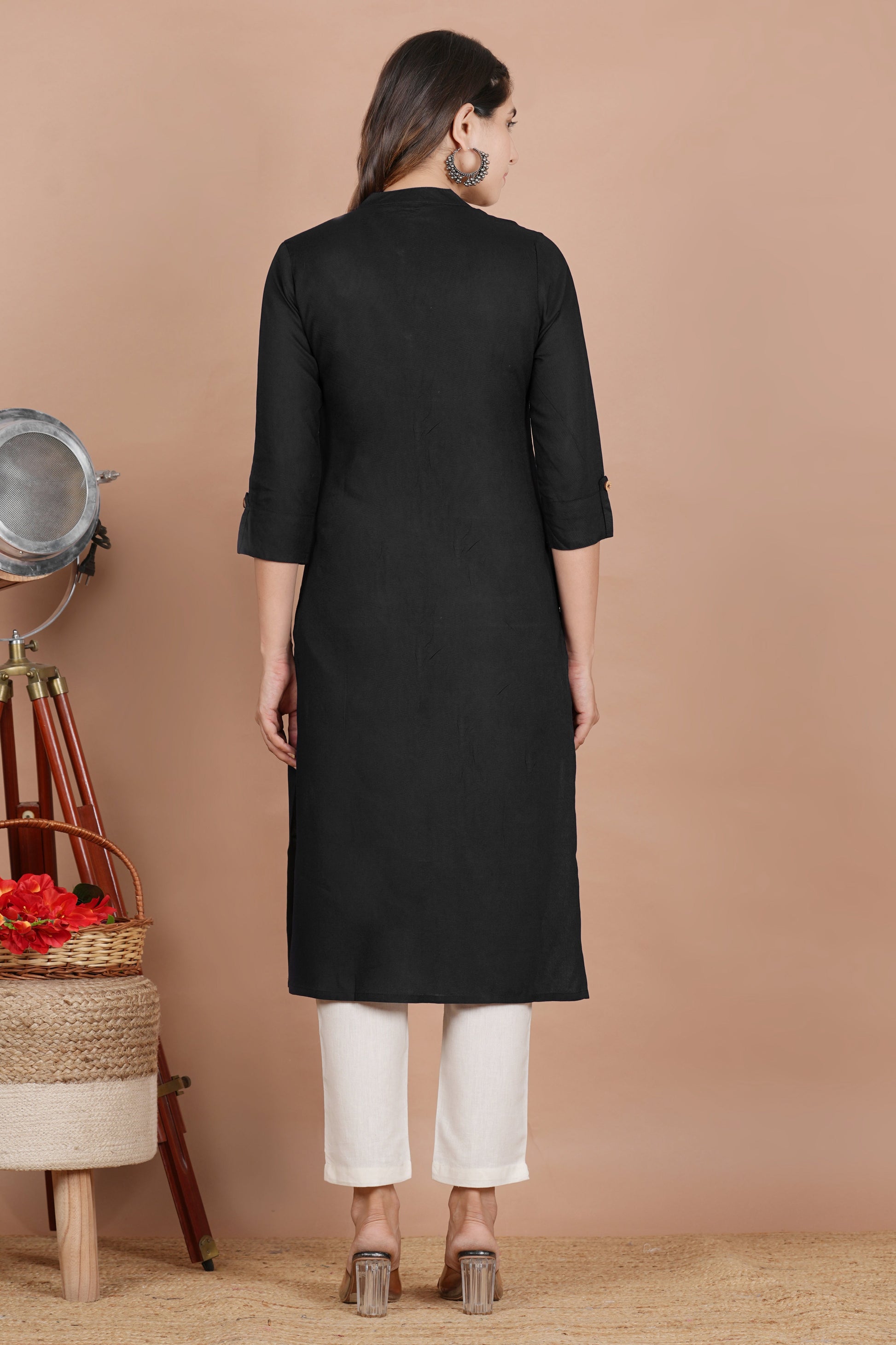 House of RP Women's Black Rayon Solid Frontslit Kurta | Swadesiicart