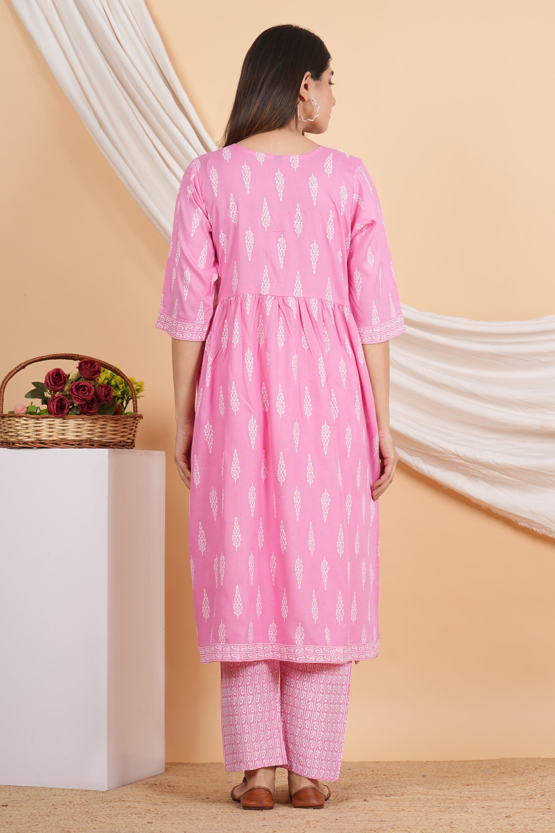 House of RP Women Pink Rayon Naira Cut Emboridered & Printed Kurta & Pant Set | Swadesiicart