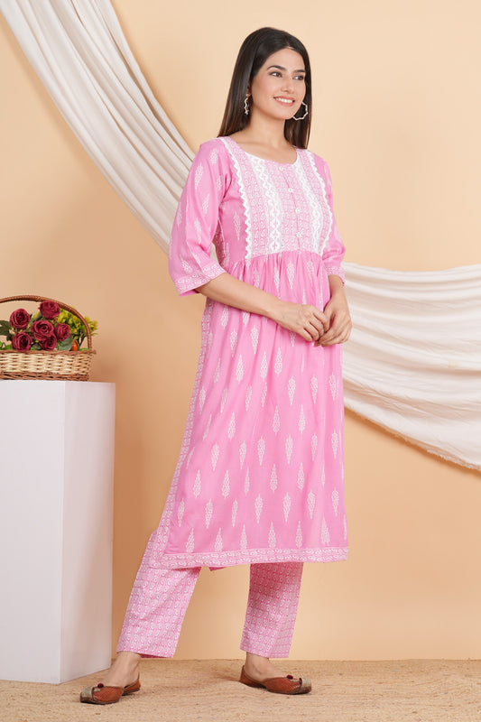 House of RP Women Pink Rayon Naira Cut Emboridered & Printed Kurta & Pant Set | Swadesiicart