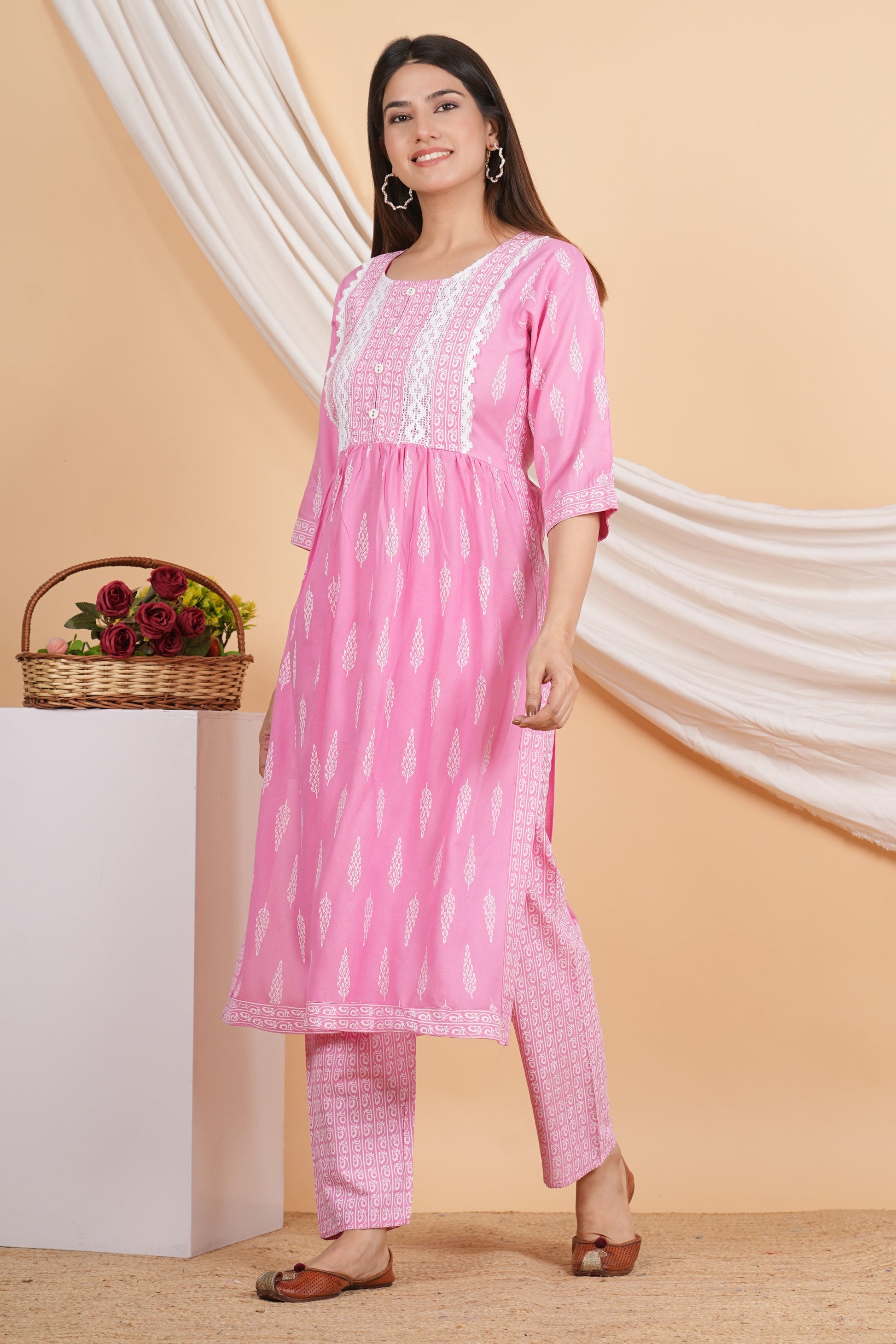 House of RP Women Pink Rayon Naira Cut Emboridered & Printed Kurta & Pant Set | Swadesiicart