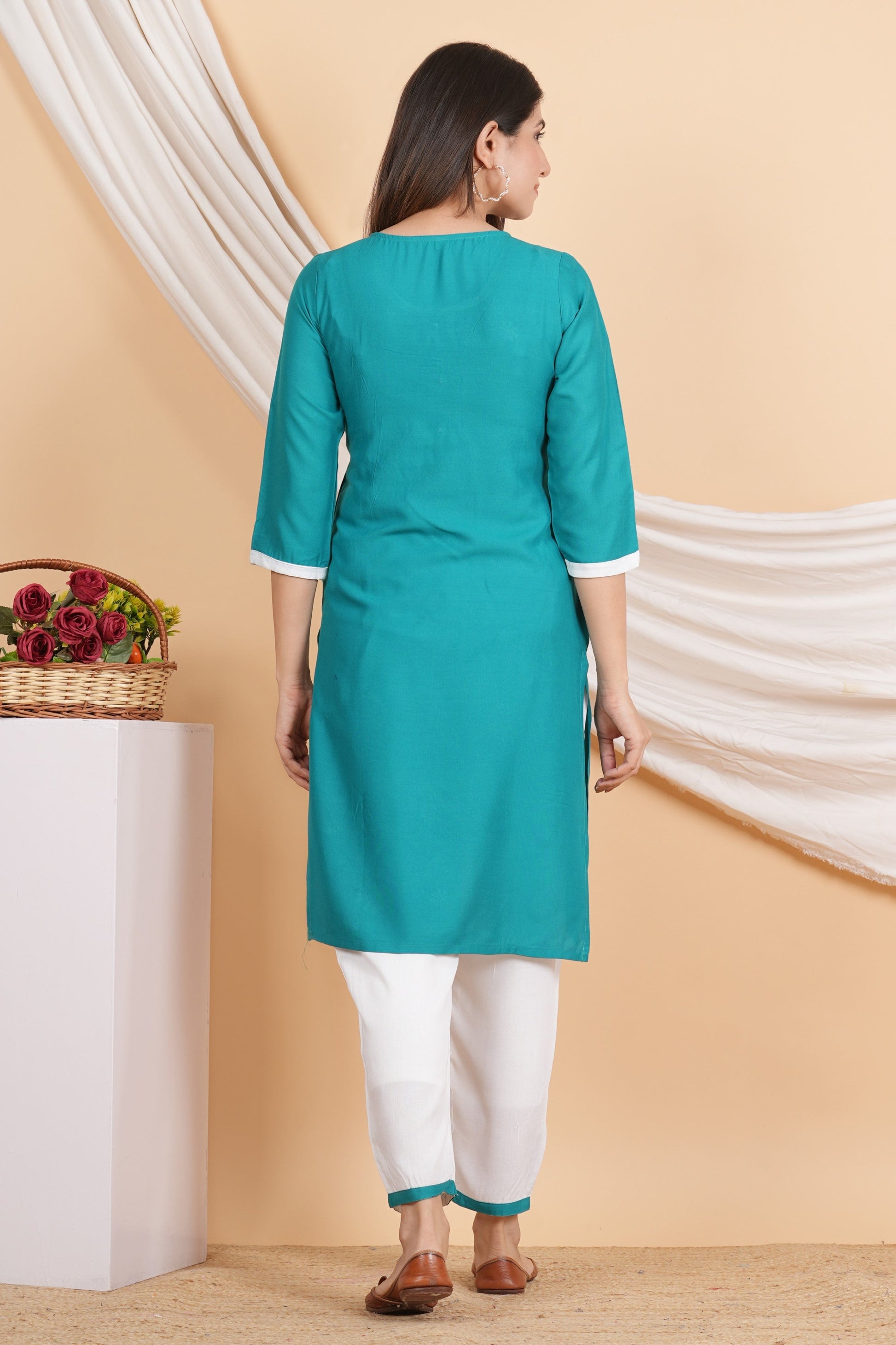 House of RP Women Teal Rayon Embroidered Kurta, Pant & Dupatta Set | Swadesiicart