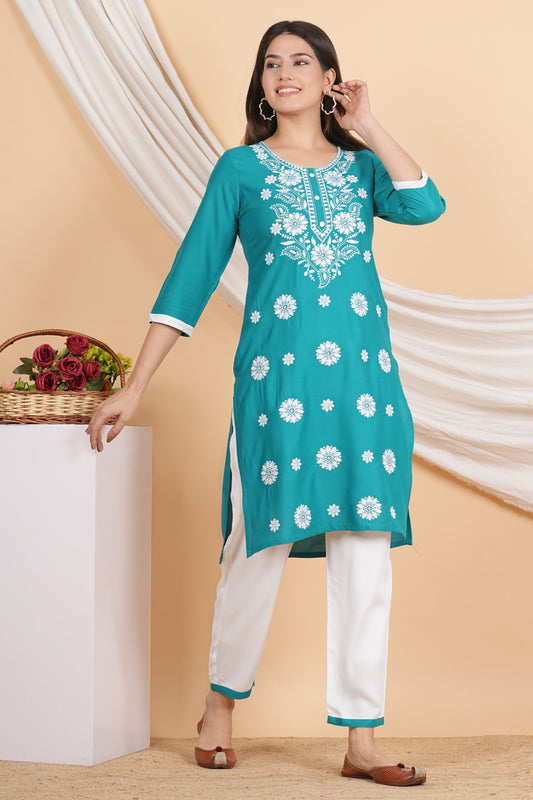House of RP Women Teal Rayon Embroidered Kurta, Pant & Dupatta Set | Swadesiicart