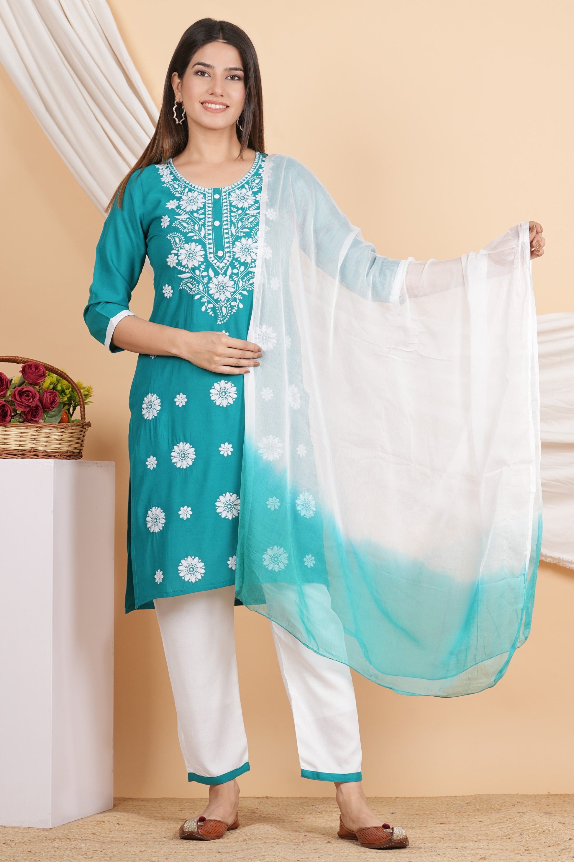 House of RP Women Teal Rayon Embroidered Kurta, Pant & Dupatta Set | Swadesiicart