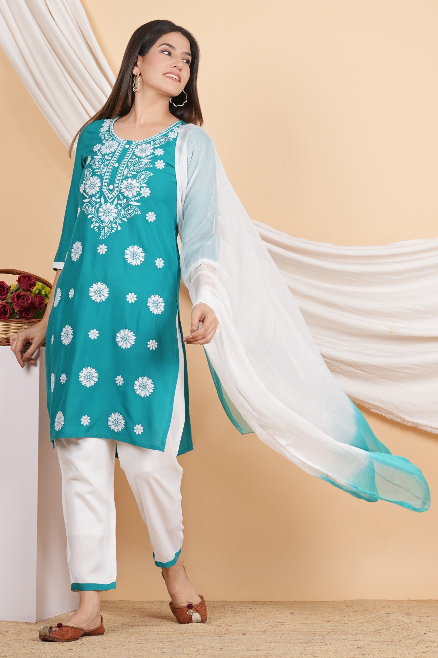 House of RP Women Teal Rayon Embroidered Kurta, Pant & Dupatta Set | Swadesiicart