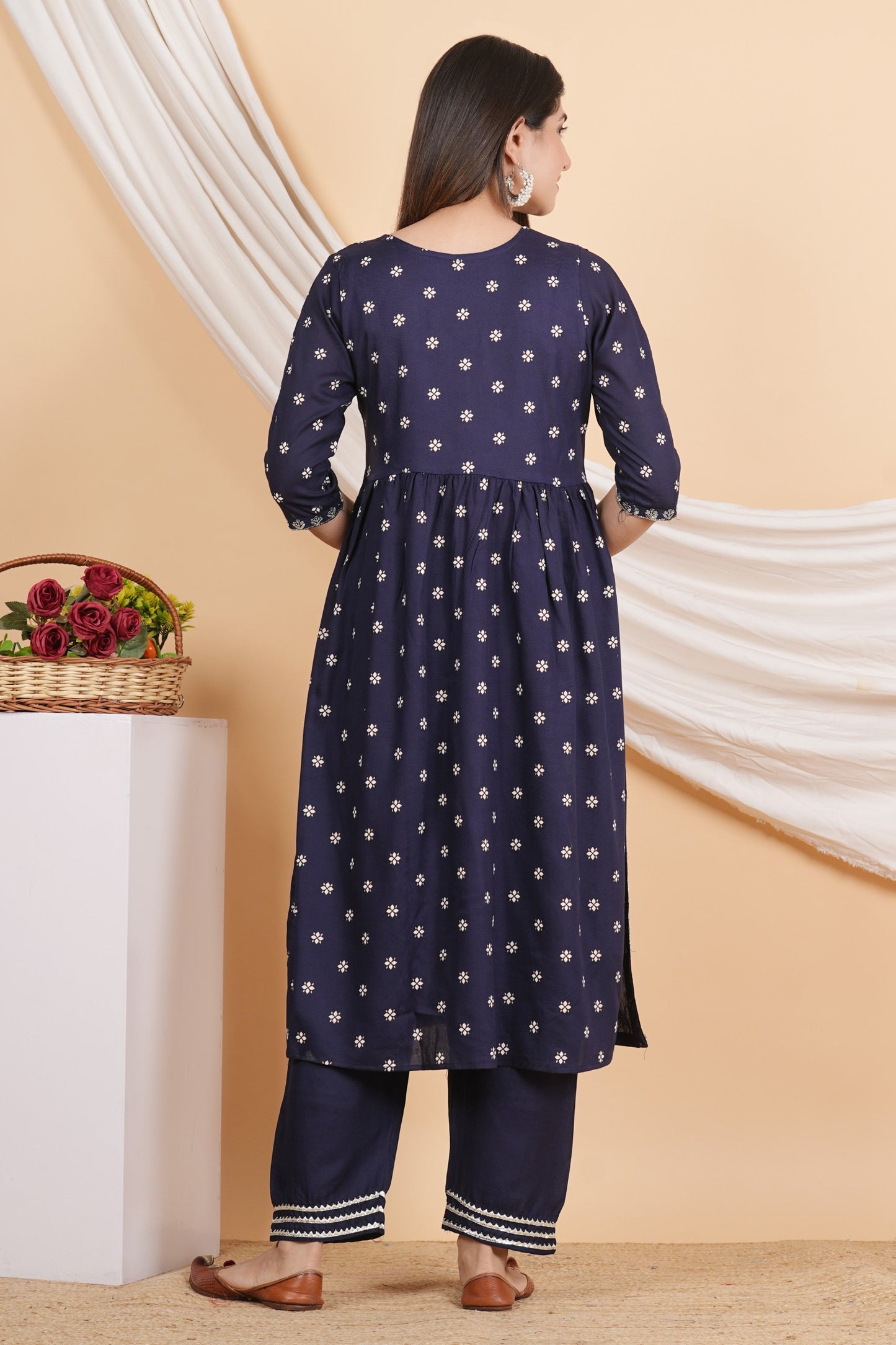 House of RP Women Blue Rayon Embroidered Naira Cut Kurta, Pant & Dupatta Set | Swadesiicart
