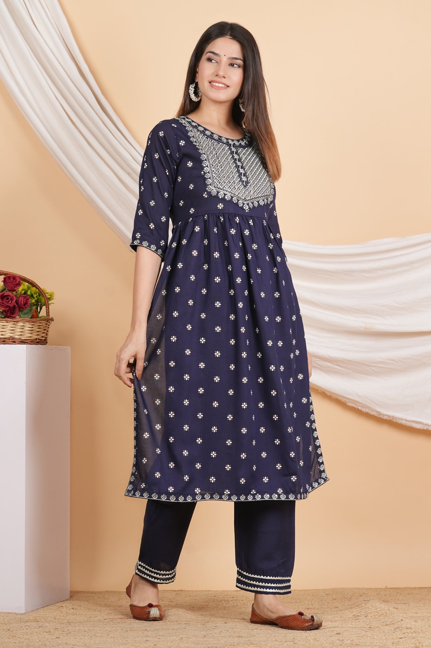 House of RP Women Blue Rayon Embroidered Naira Cut Kurta, Pant & Dupatta Set | Swadesiicart