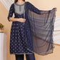 House of RP Women Blue Rayon Embroidered Naira Cut Kurta, Pant & Dupatta Set | Swadesiicart
