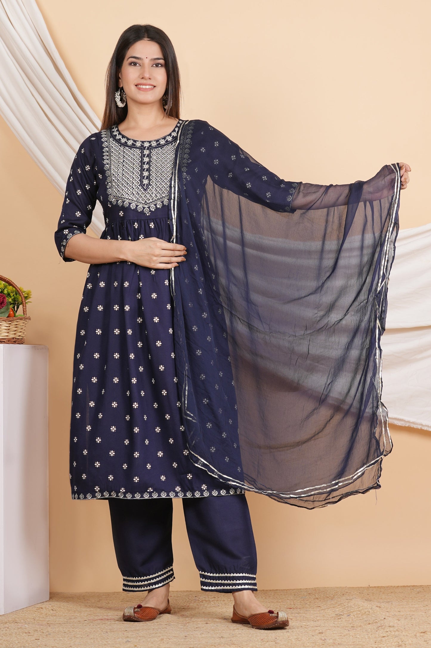 House of RP Women Blue Rayon Embroidered Naira Cut Kurta, Pant & Dupatta Set | Swadesiicart