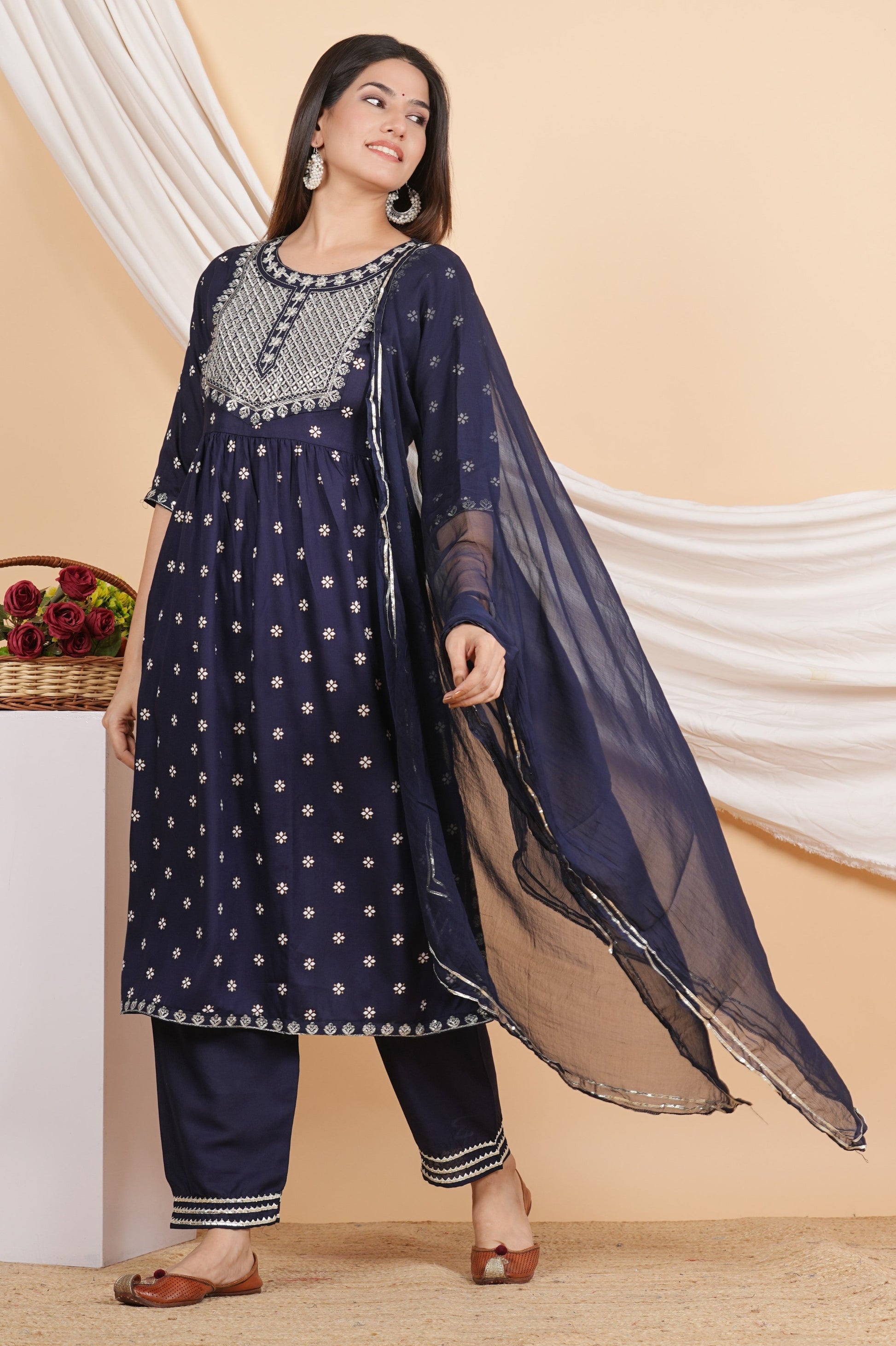 House of RP Women Blue Rayon Embroidered Naira Cut Kurta, Pant & Dupatta Set | Swadesiicart