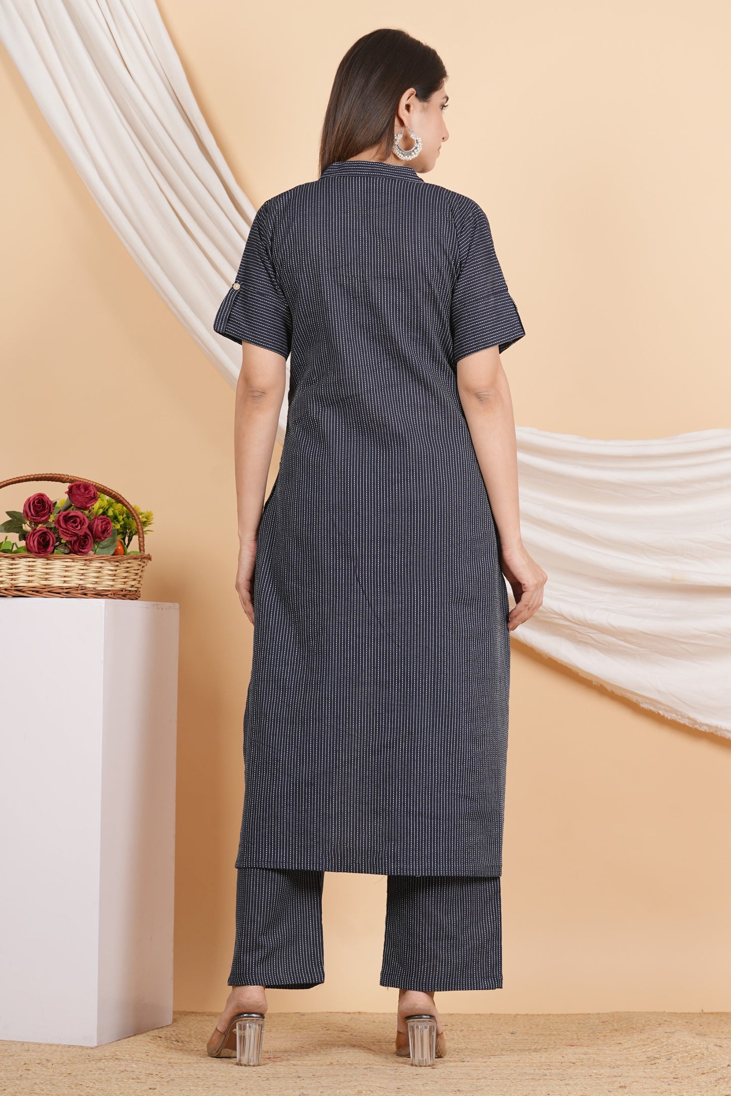 House of RP Women Black Rayon Striped Kurta & Palazzo Set | Swadesiicart