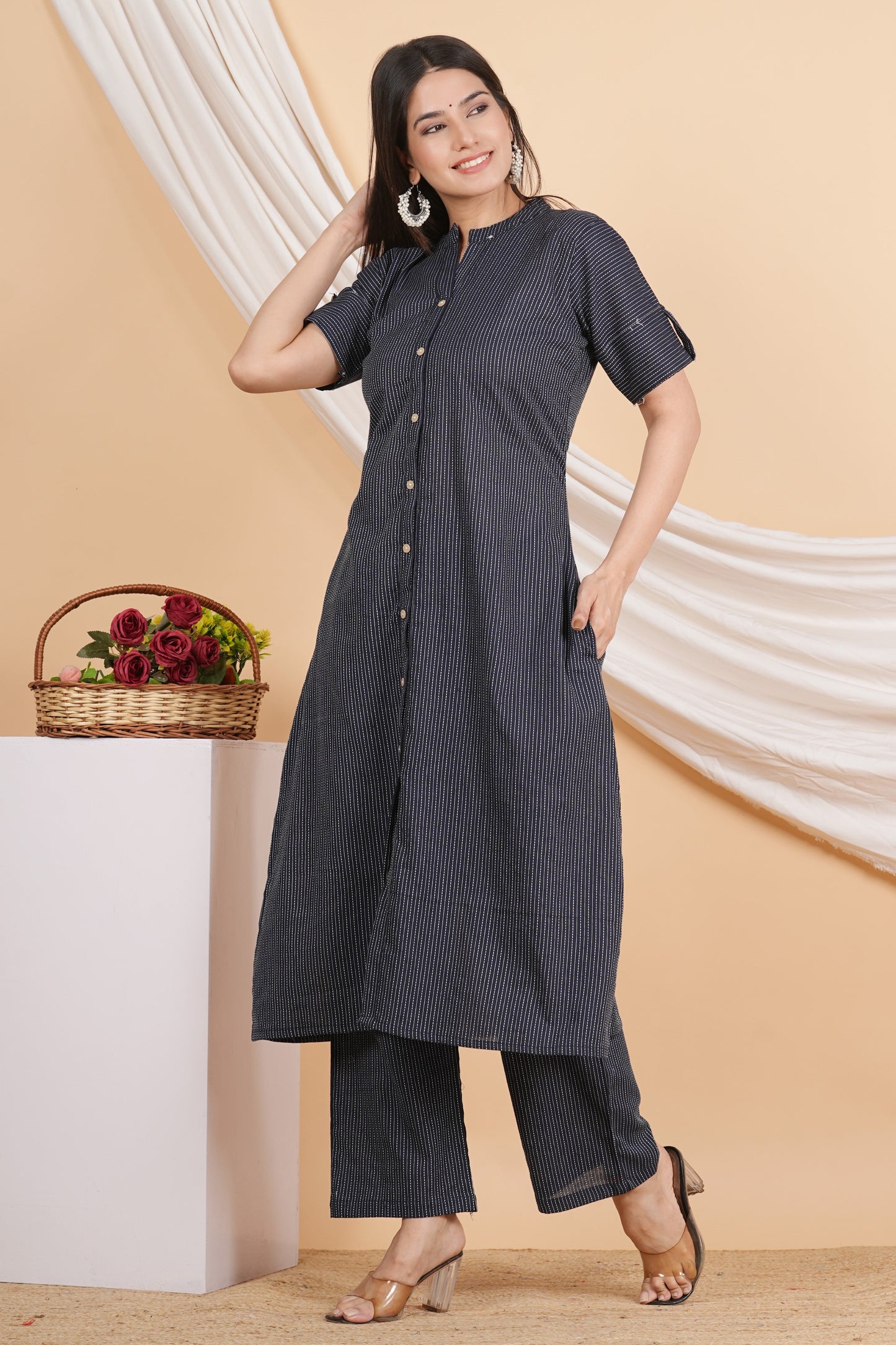 House of RP Women Black Rayon Striped Kurta & Palazzo Set | Swadesiicart