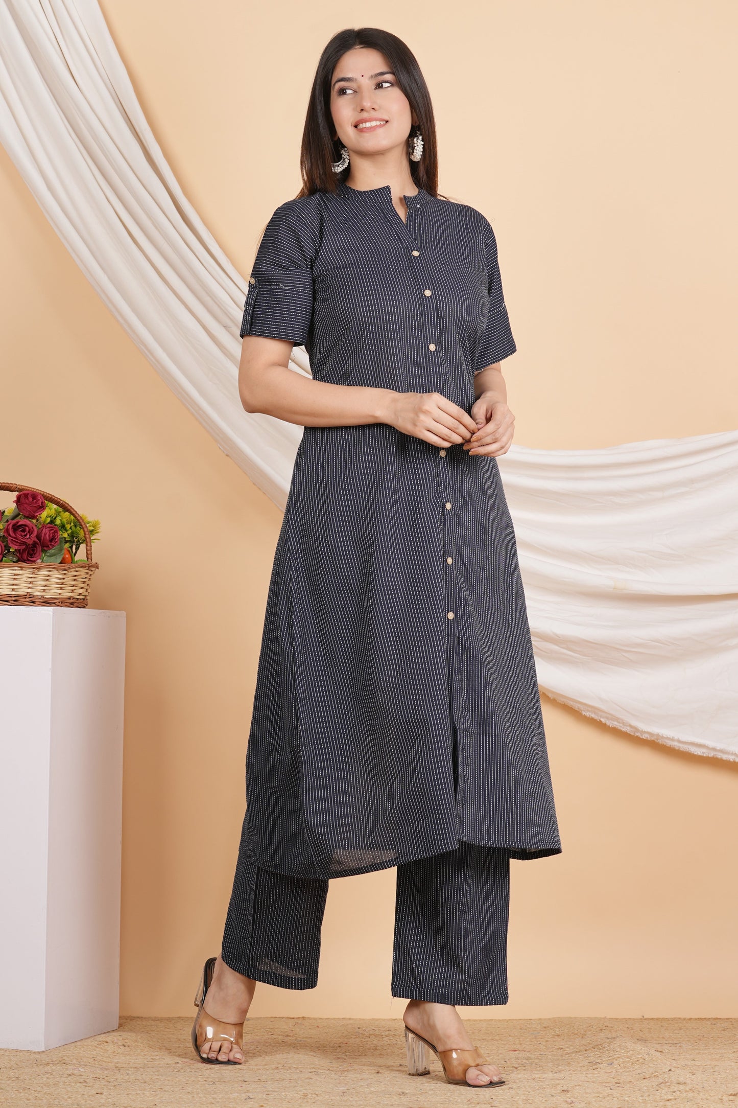 House of RP Women Black Rayon Striped Kurta & Palazzo Set | Swadesiicart
