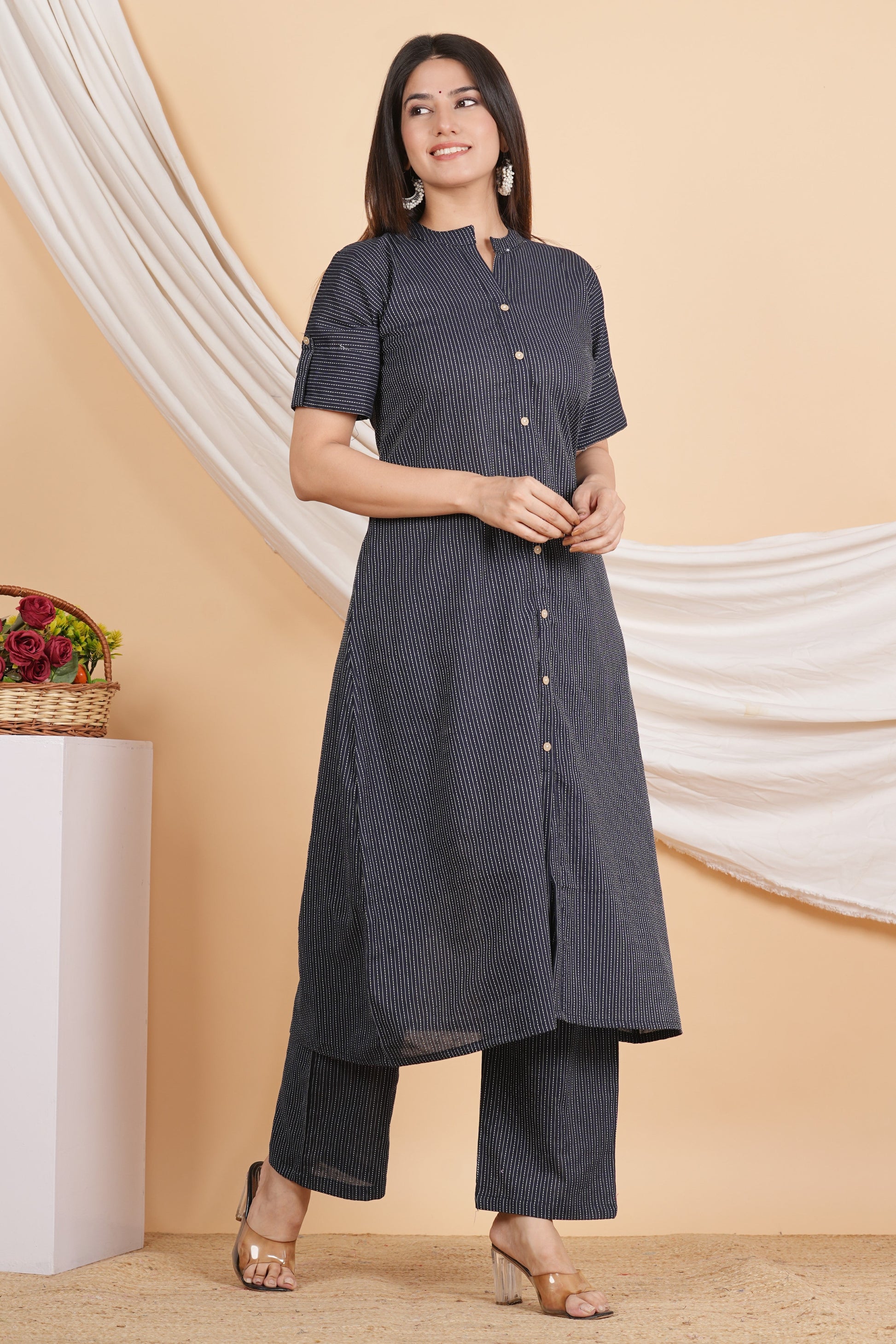 House of RP Women Black Rayon Striped Kurta & Palazzo Set | Swadesiicart