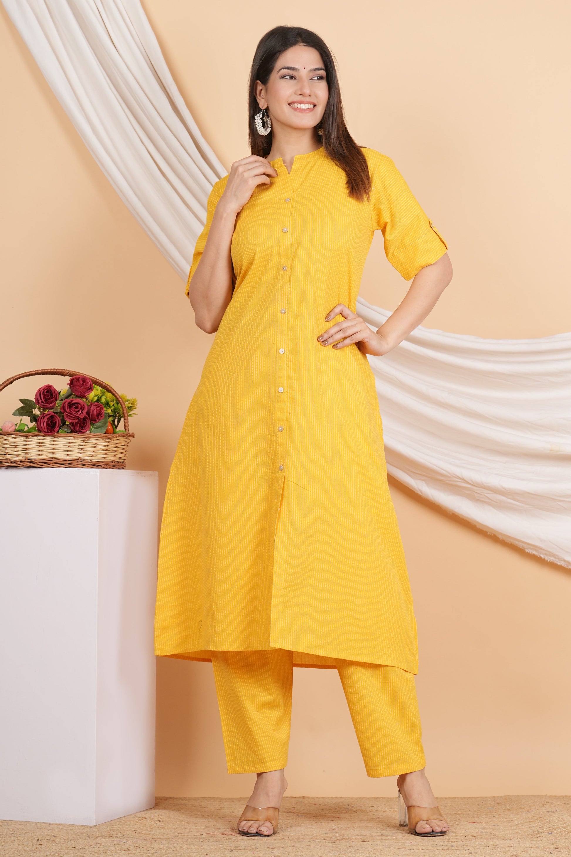 House of RP Women Yellow Rayon Striped Kurta & Palazzo Set | Swadesiicart