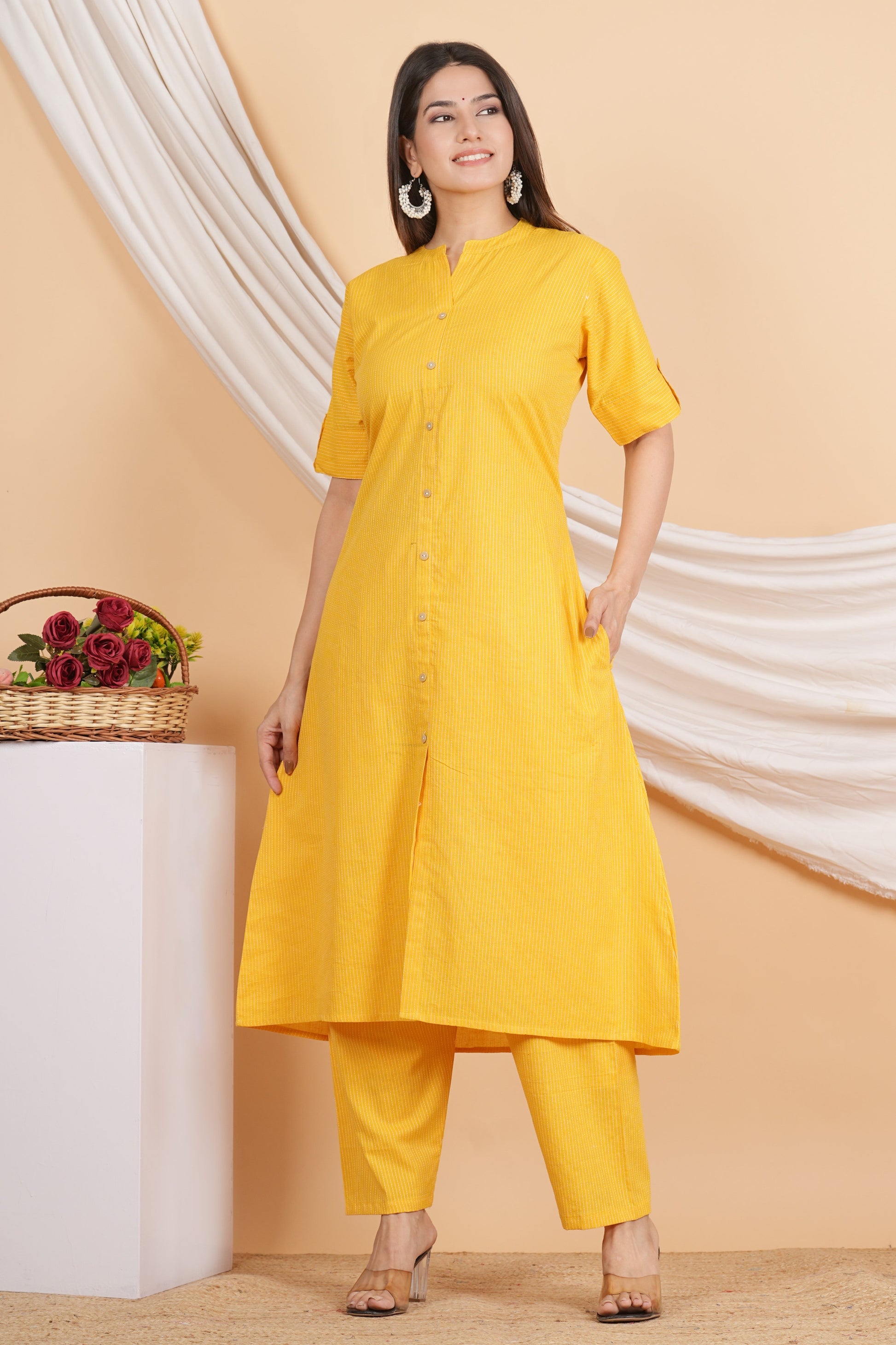House of RP Women Yellow Rayon Striped Kurta & Palazzo Set | Swadesiicart