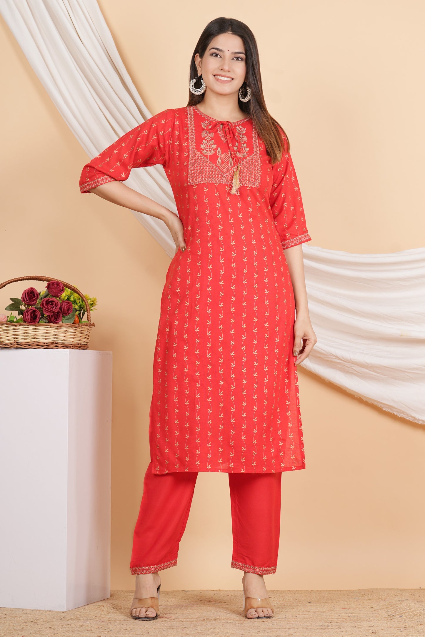 House of RP Women Red Rayon Embroidered & Printed Kurta & Pant Set | Swadesiicart