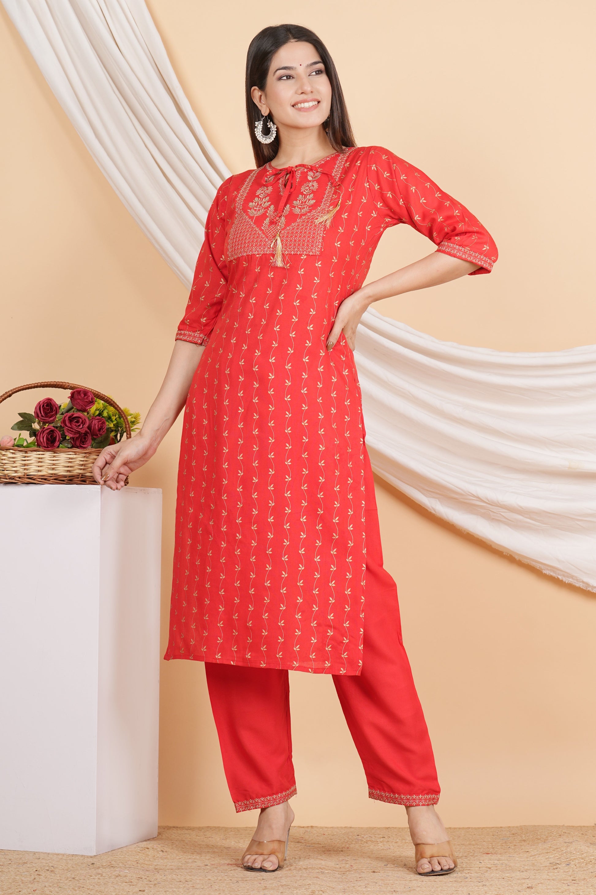 House of RP Women Red Rayon Embroidered & Printed Kurta & Pant Set | Swadesiicart