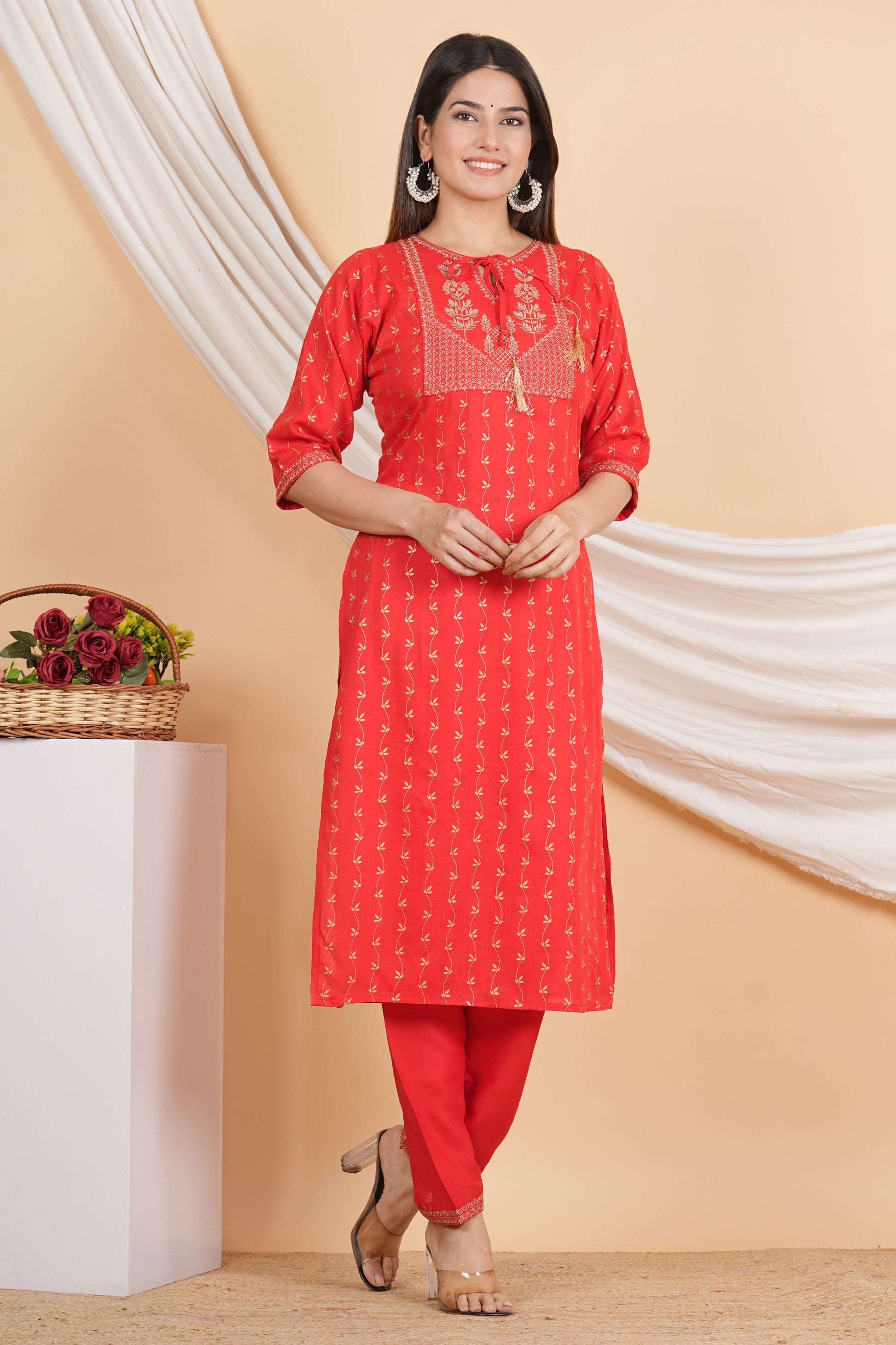 House of RP Women Red Rayon Embroidered & Printed Kurta & Pant Set | Swadesiicart