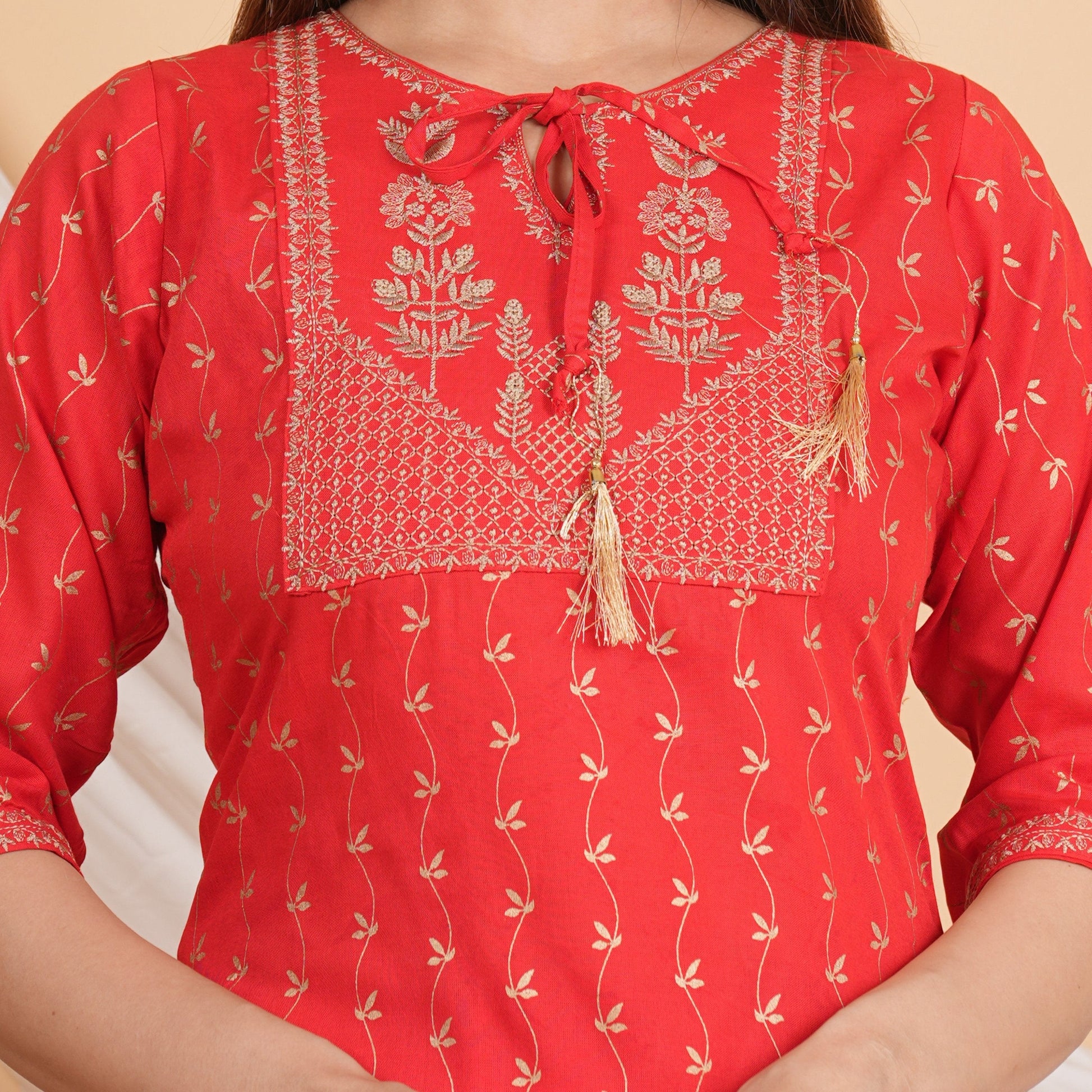 House of RP Women Red Rayon Embroidered & Printed Kurta & Pant Set | Swadesiicart