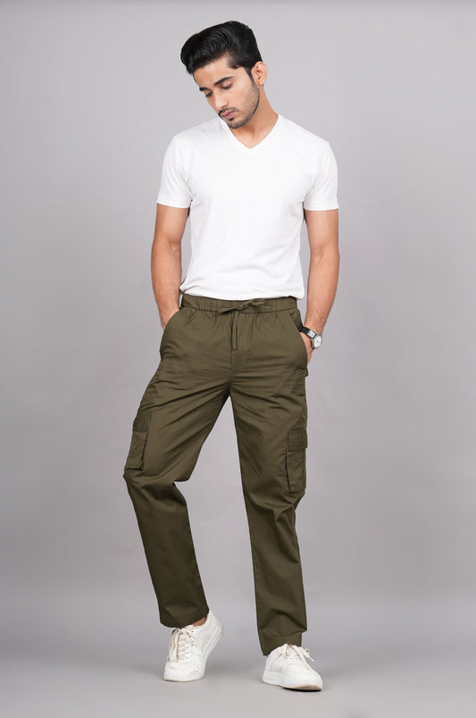 House of RP Men's Cotton Green Slim Fit Solid Cargos, Casual Trousers with Cargo Pockets | Swadesiicart