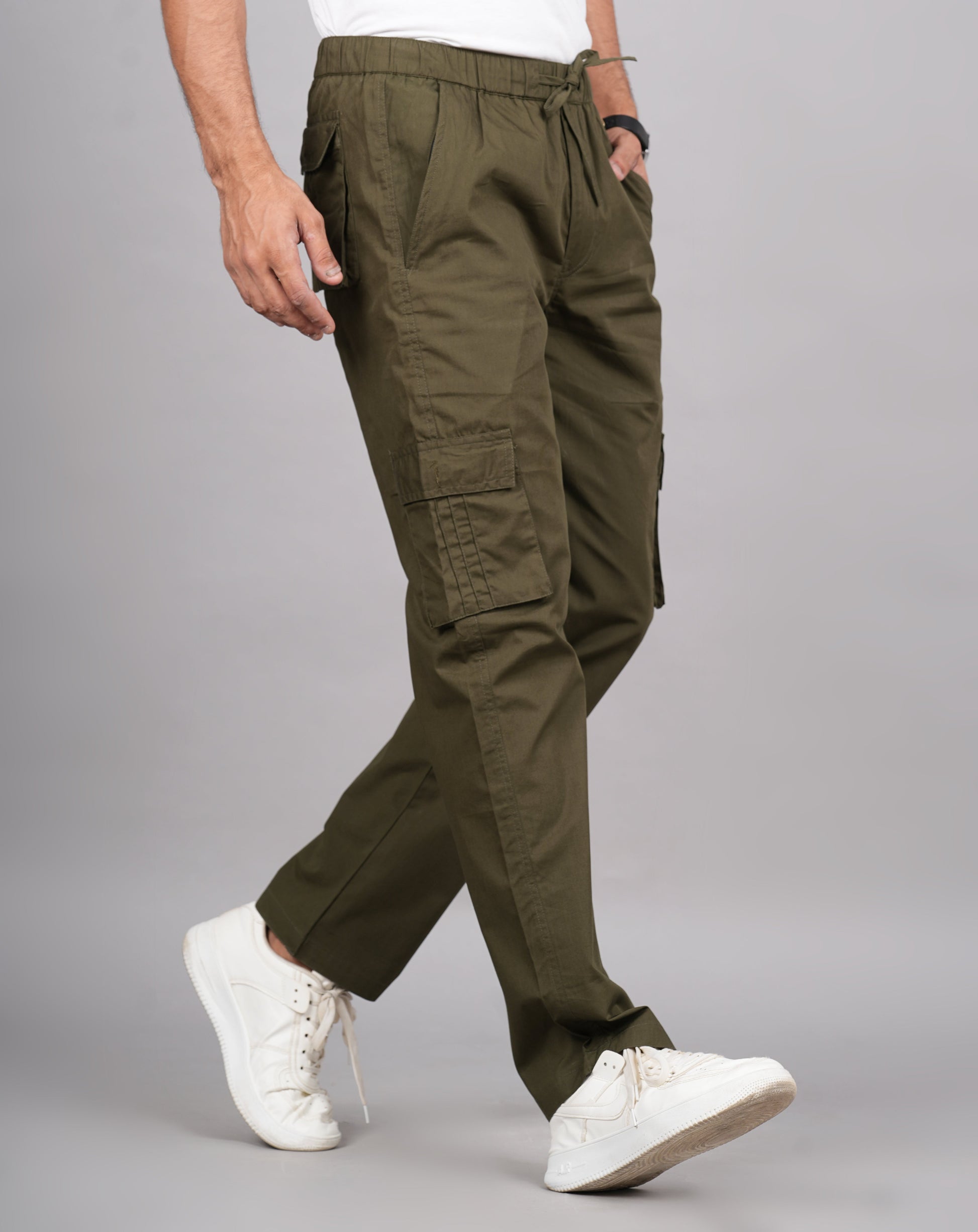 House of RP Men's Cotton Green Slim Fit Solid Cargos, Casual Trousers with Cargo Pockets | Swadesiicart