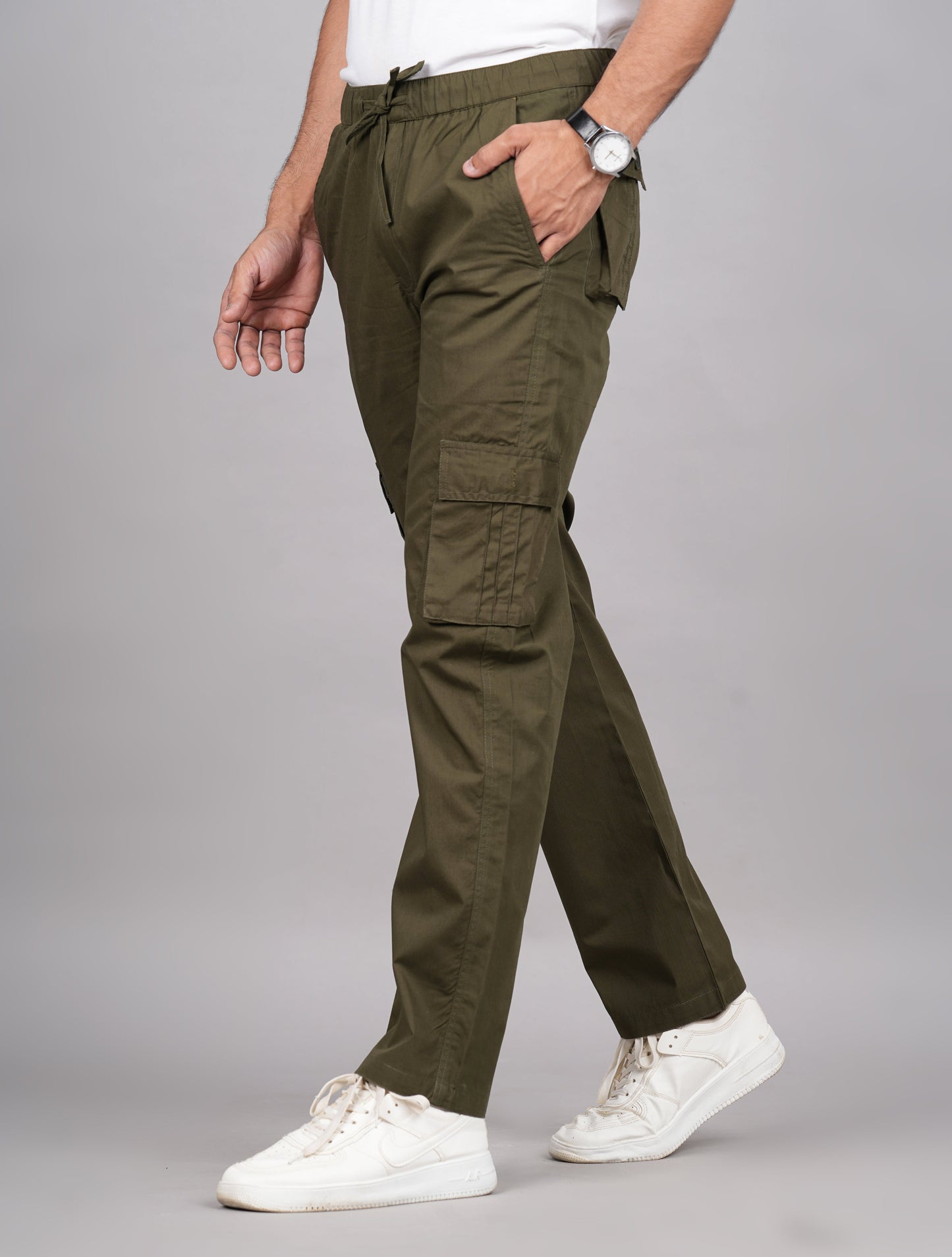 House of RP Men's Cotton Green Slim Fit Solid Cargos, Casual Trousers with Cargo Pockets | Swadesiicart
