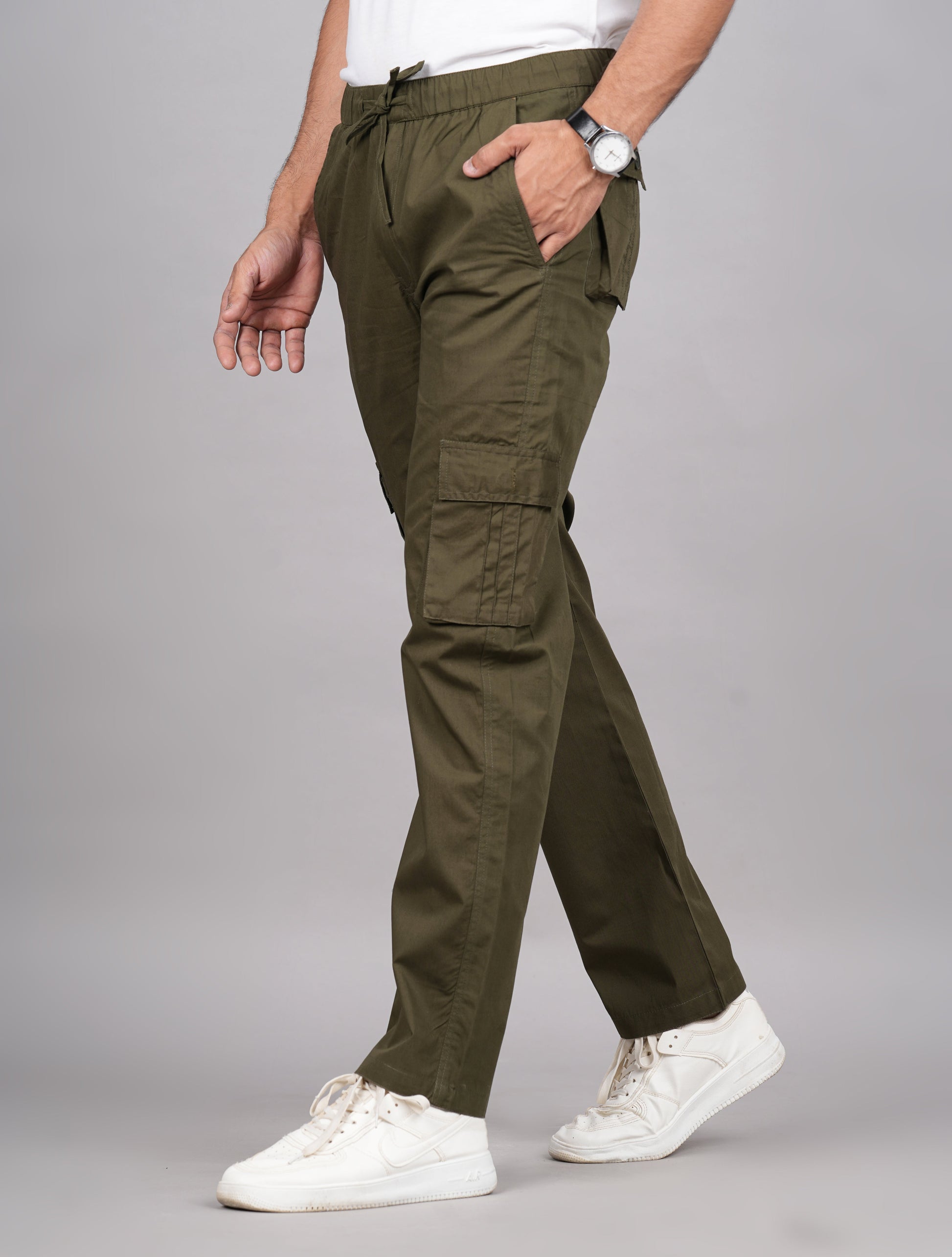House of RP Men's Cotton Green Slim Fit Solid Cargos, Casual Trousers with Cargo Pockets | Swadesiicart