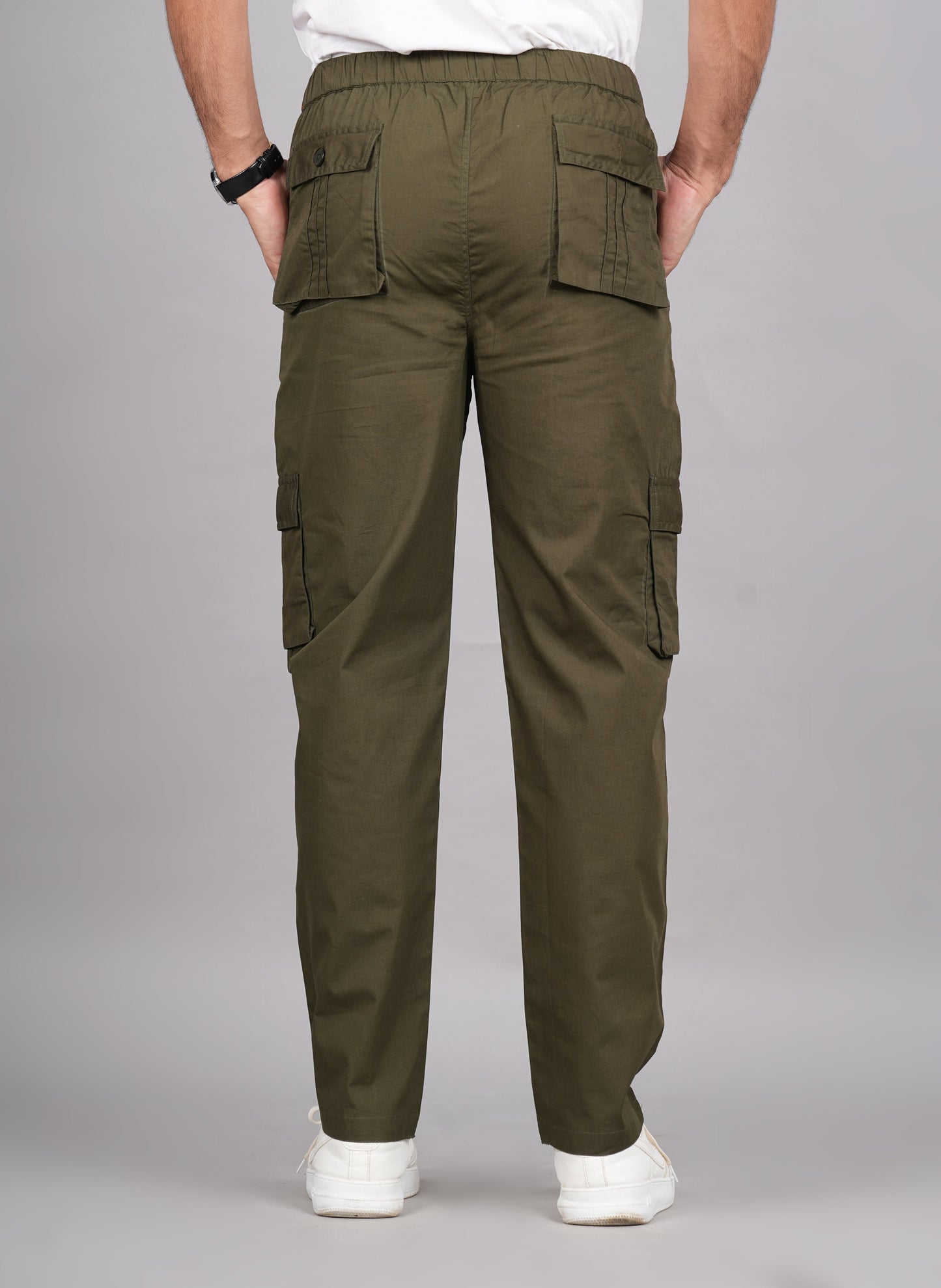 House of RP Men's Cotton Green Slim Fit Solid Cargos, Casual Trousers with Cargo Pockets | Swadesiicart