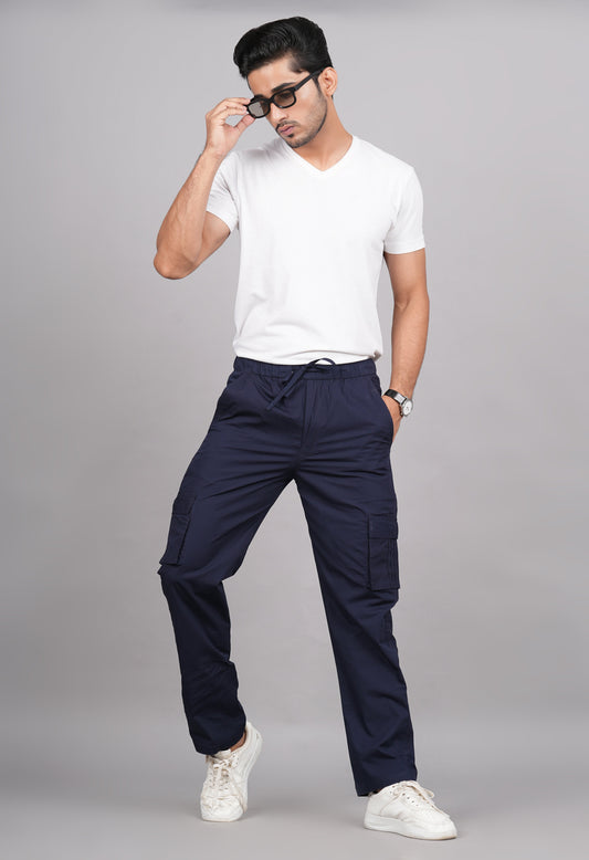 House of RP Men's Cotton Blue Slim Fit Solid Cargos, Casual Trousers with Cargo Pockets | Swadesiicart