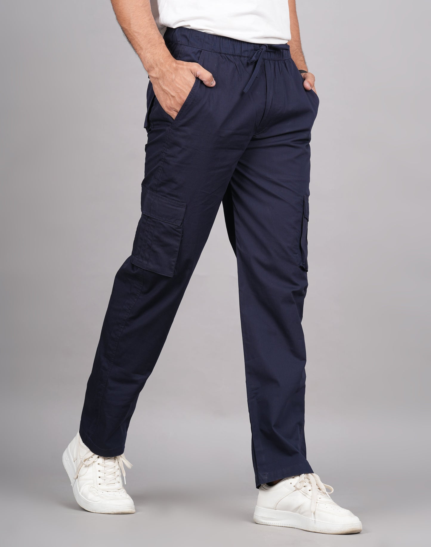 House of RP Men's Cotton Blue Slim Fit Solid Cargos, Casual Trousers with Cargo Pockets | Swadesiicart