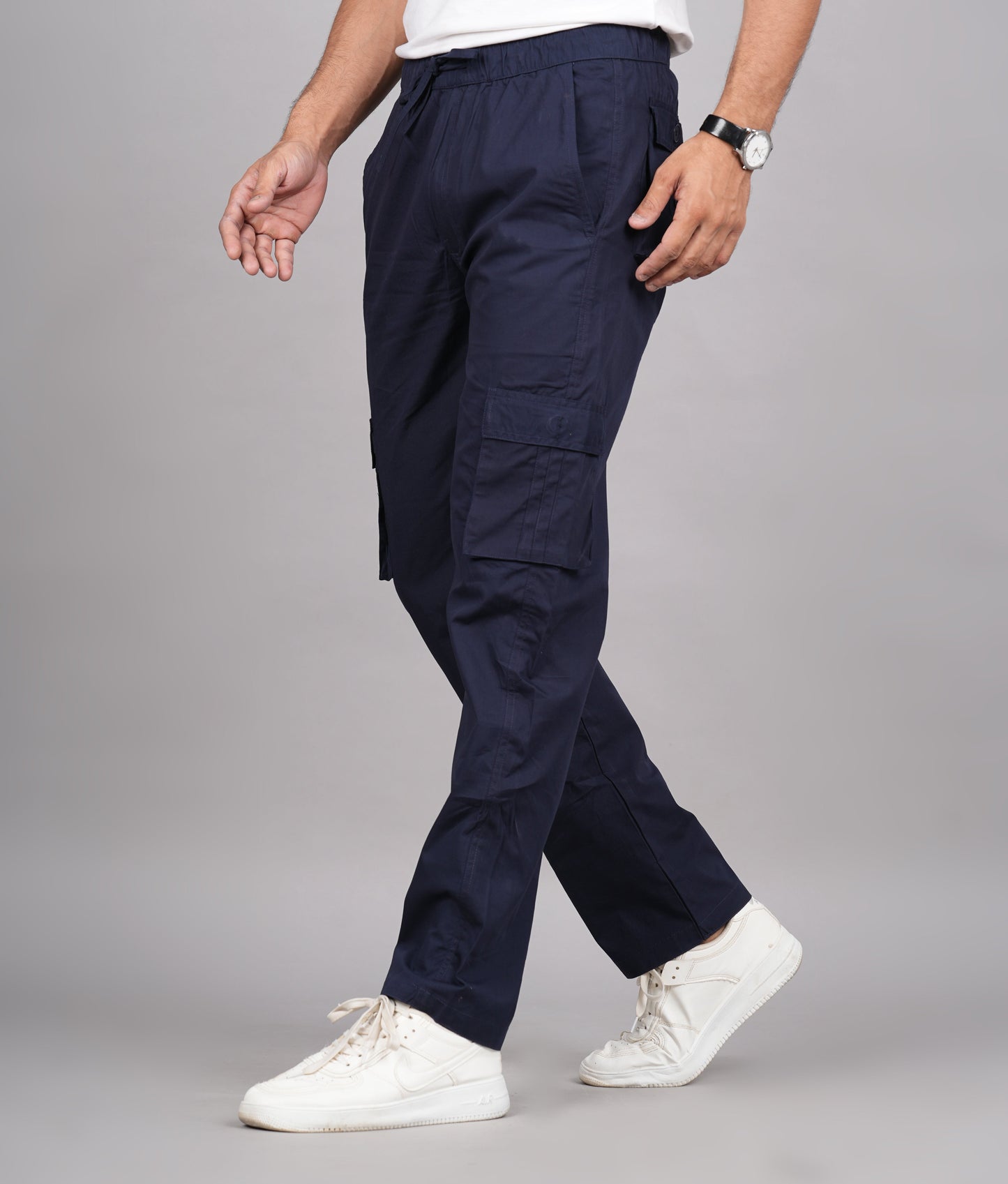 House of RP Men's Cotton Blue Slim Fit Solid Cargos, Casual Trousers with Cargo Pockets | Swadesiicart