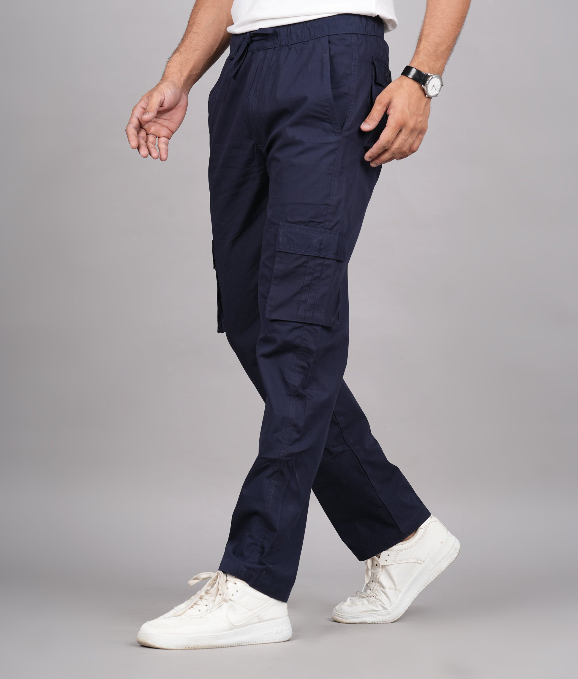 House of RP Men's Cotton Blue Slim Fit Solid Cargos, Casual Trousers with Cargo Pockets | Swadesiicart