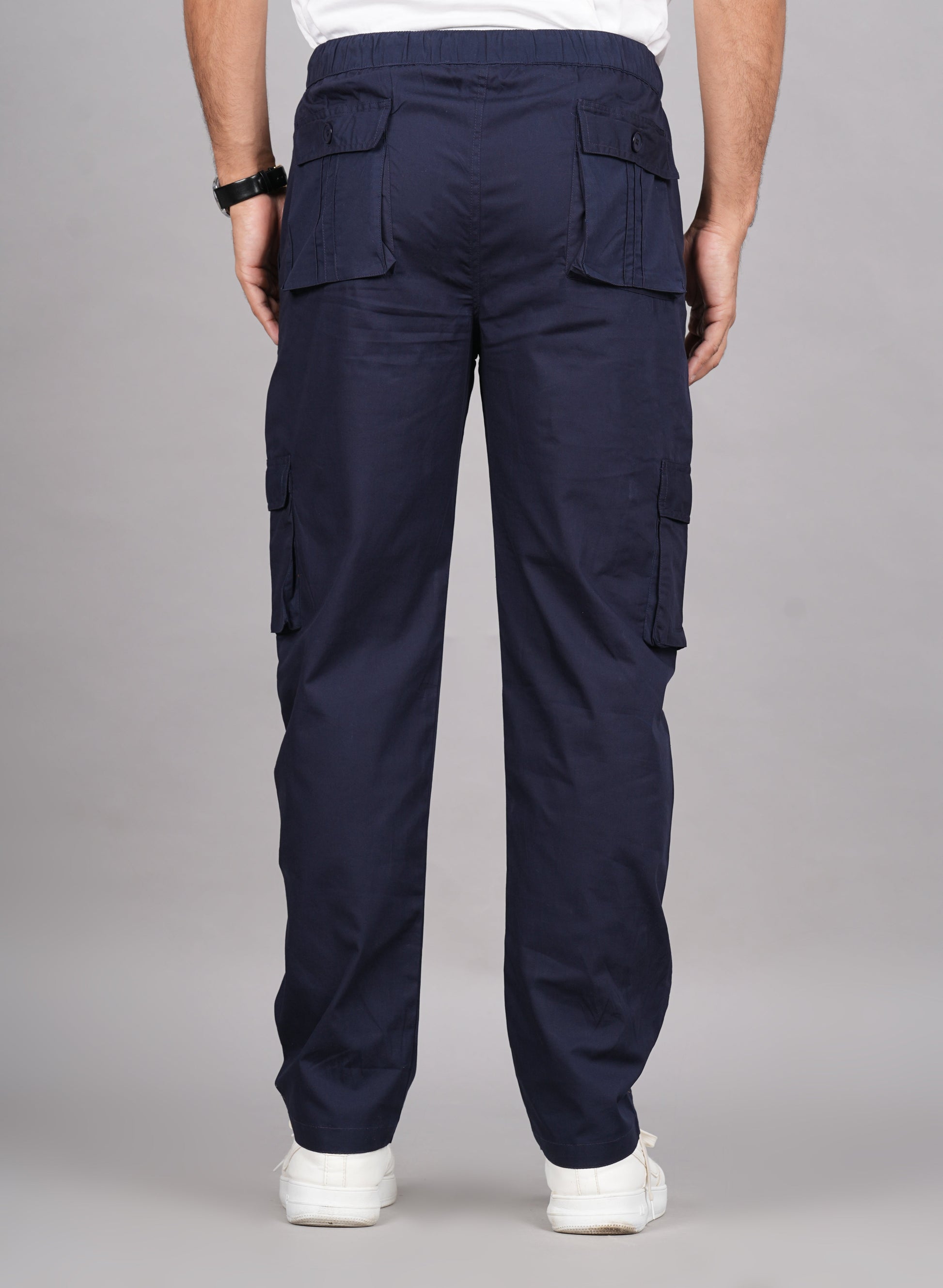 House of RP Men's Cotton Blue Slim Fit Solid Cargos, Casual Trousers with Cargo Pockets | Swadesiicart